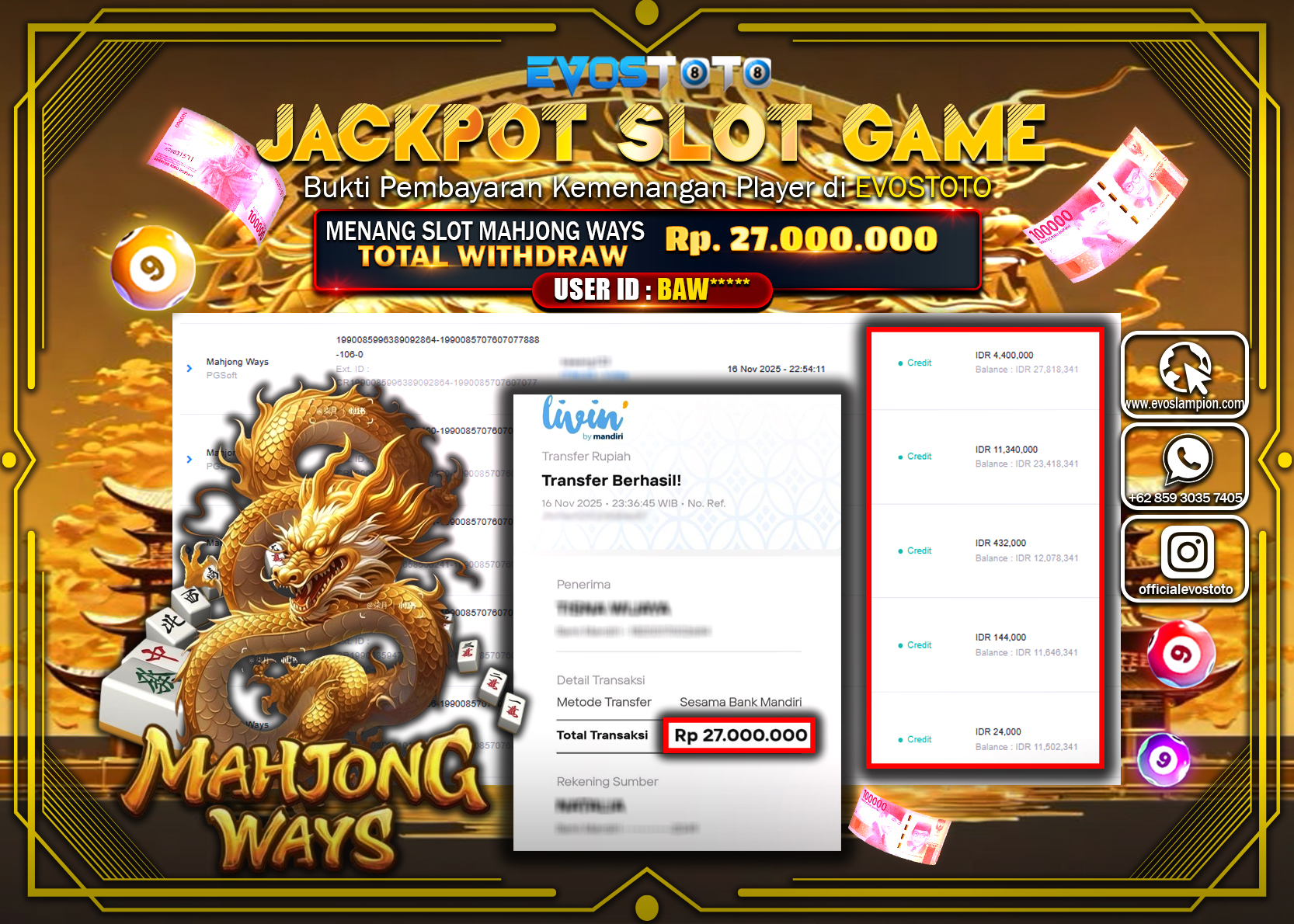 PEMBAYARAN JACKPOT SLOT MAHJONG WAYS Rp27.000.000 DI BAYAR LANGSUNG !
