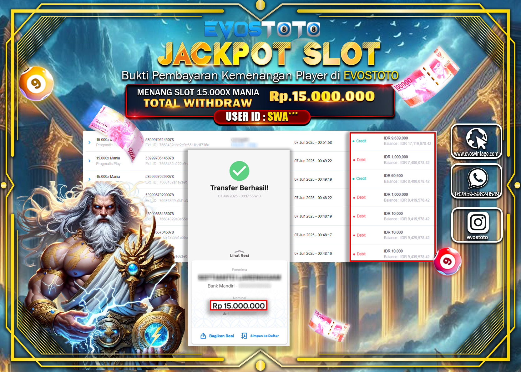 PEMBAYARAN JACKPOT SLOT 15.000X MANIA  15.000.000 DI BAYAR LANGSUNG !