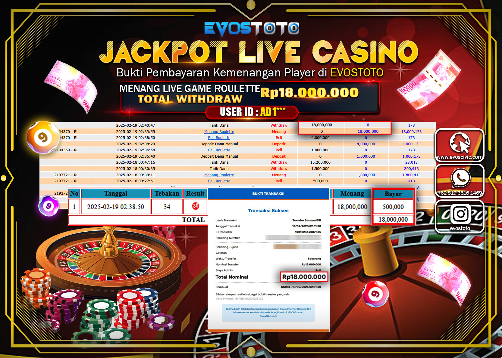 PEMBAYARAN JACKPOT LIVE CASINO ROULATEE 12.000.000 DI BAYAR LANGSUNG !
