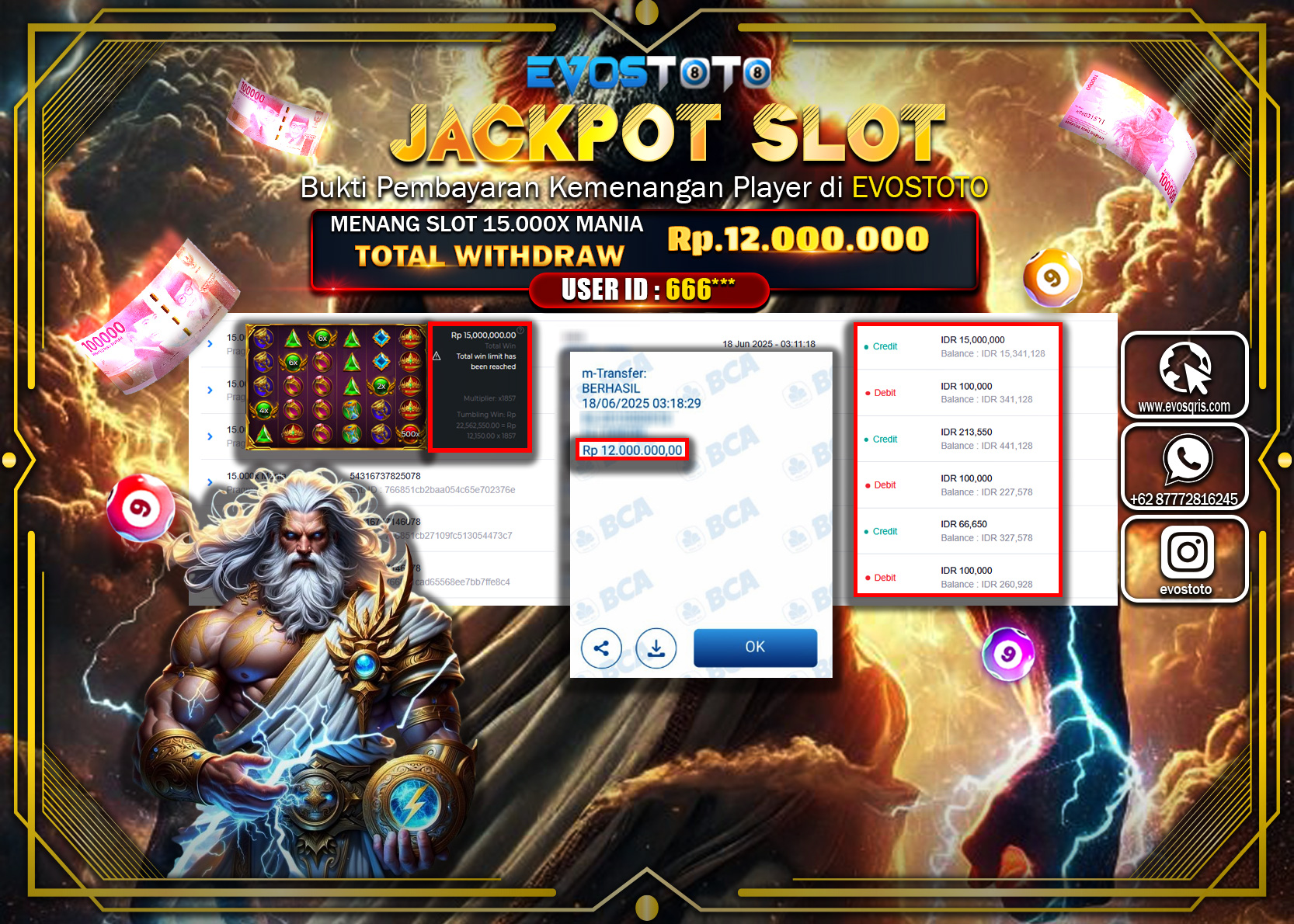 PEMBAYARAN JACKPOT SLOT  15.000X MANIA  12.000.000 DI BAYAR LANGSUNG !