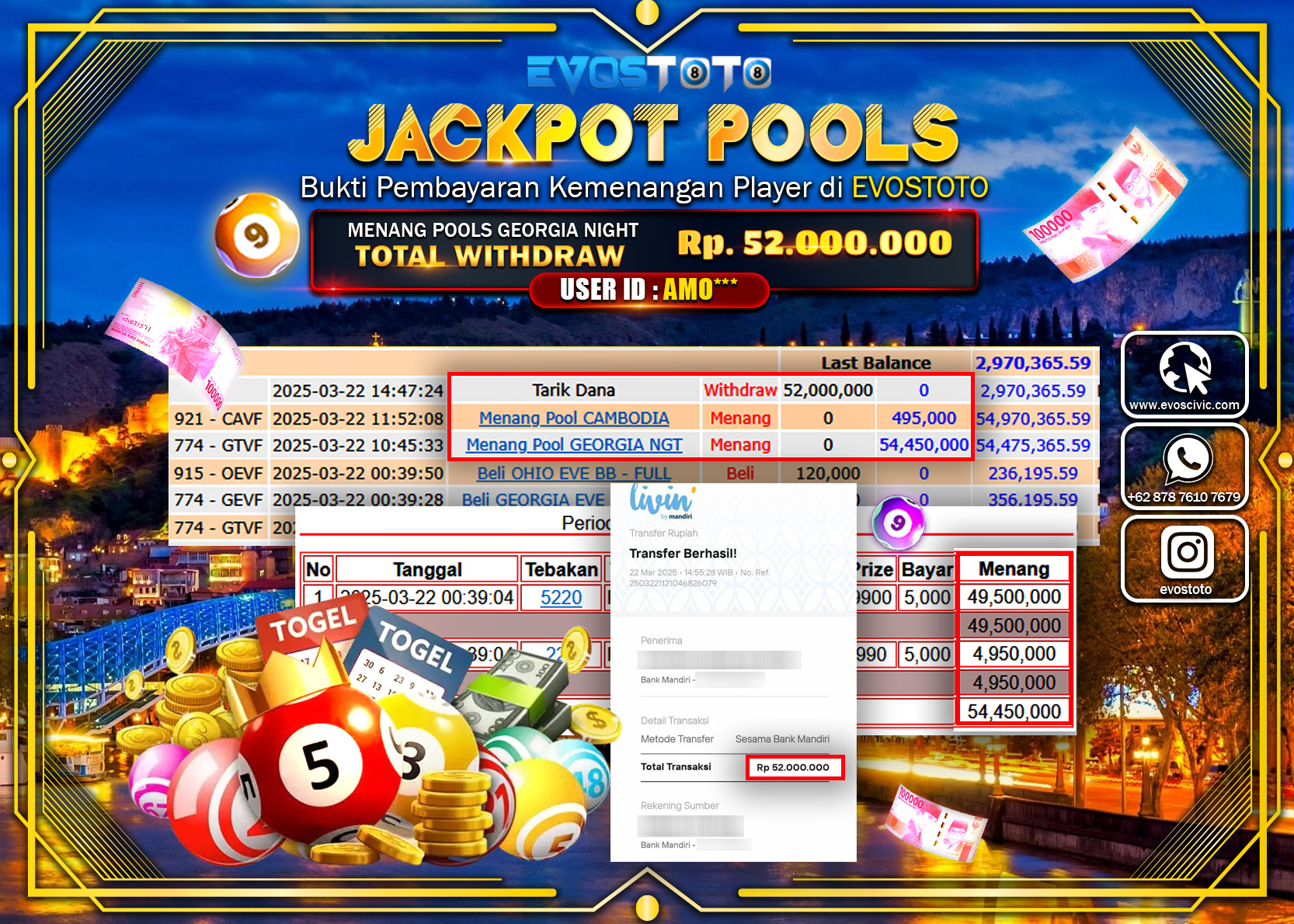 PEMBAYARAN JACKPOT POOLS GEORGIA NIGHT Rp.52.000.000 DI BAYAR LANGSUNG !
