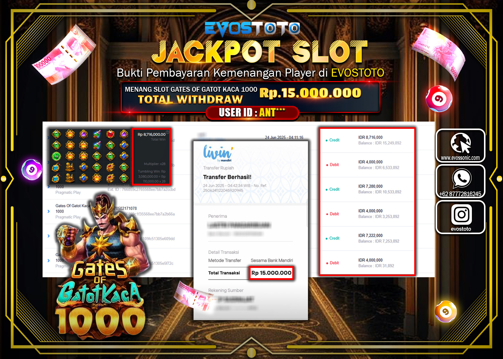 PEMBAYARAN JACKPOT SLOT GATES OF GATOT KACA 1000 RP15.000.000 DI BAYAR LANGSUNG !