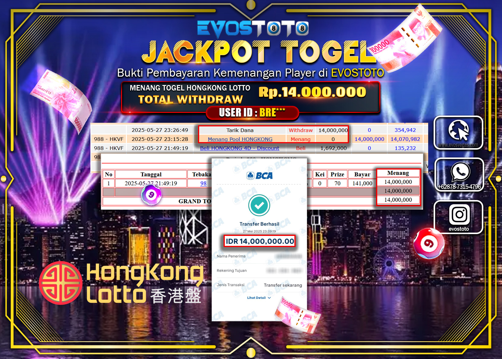 PEMBAYARAN JACKPOT TOGEL HONGKONG LOTTO Rp14.000.000 DI BAYAR LANGSUNG !