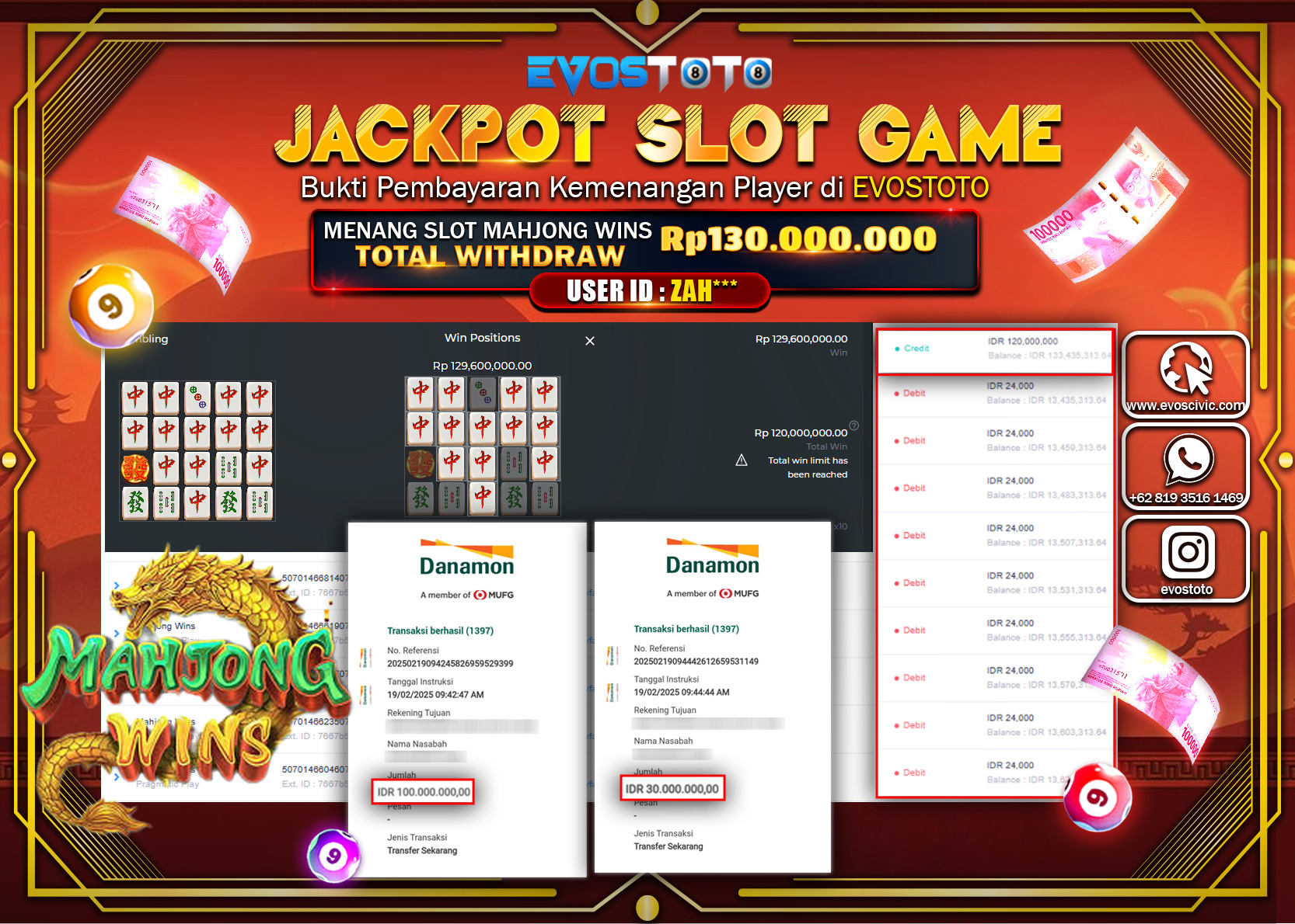 PEMBAYARAN JACKPOT SLOT MAHJONG WINS 130.000.000 DI BAYAR LANGSUNG !