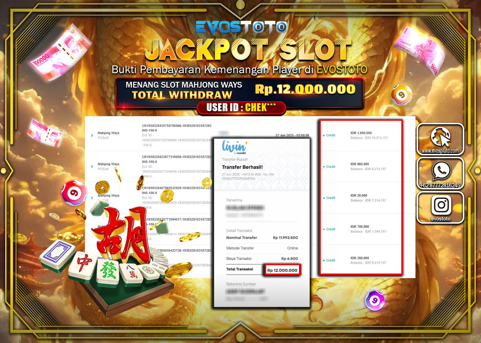 PEMBAYARAN JACKPOT SLOT MAHJONG WAYS 12.000.000 DI BAYAR LANGSUNG !