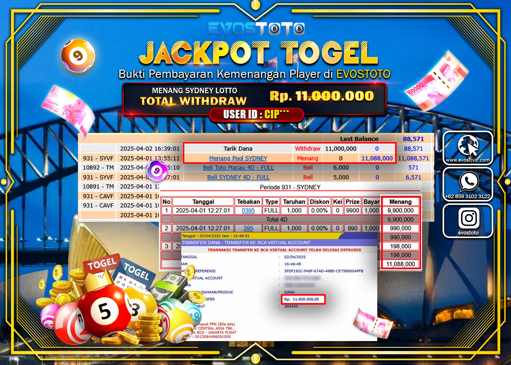 PEMBAYARAN JACKPOT POOLS SIDNEY LOTTO Rp.11.000.000 DI BAYAR LANGSUNG !