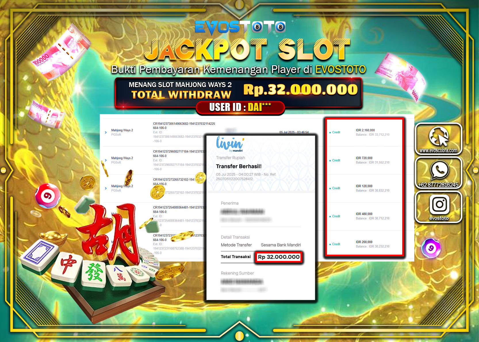 PEMBAYARAN JACKPOT SLOT MAHJONG WAYS 2 RP32.000.000 DI BAYAR LANGSUNG !