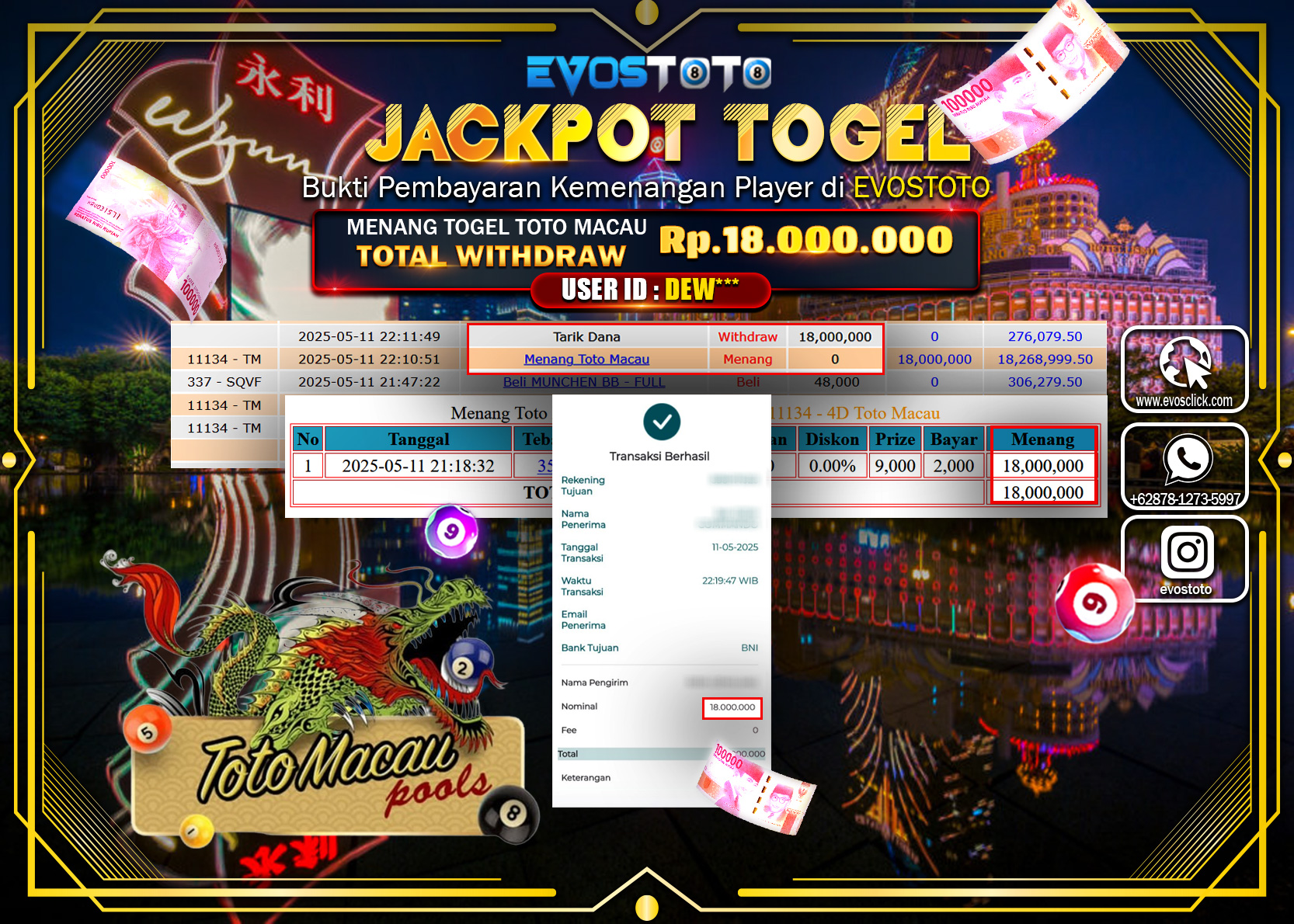 PEMBAYARAN JACKPOT  TOGEL TOTO MACAU  Rp18.000.000 DI BAYAR LANGSUNG !