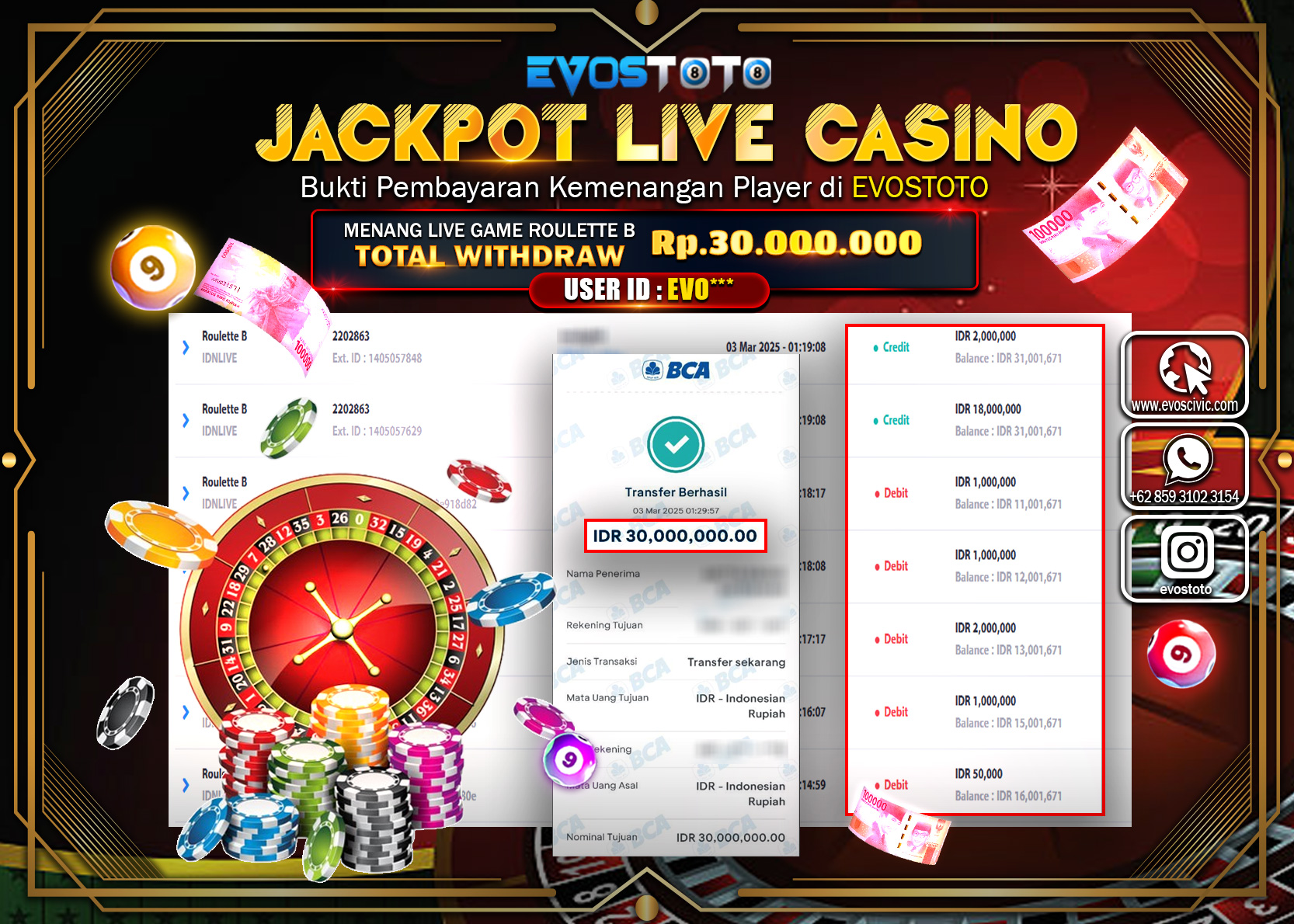 PEMBAYARAN JACKPOT LIVE GAME ROULETTE B Rp.30.000.000 DI BAYAR LANGSUNG !