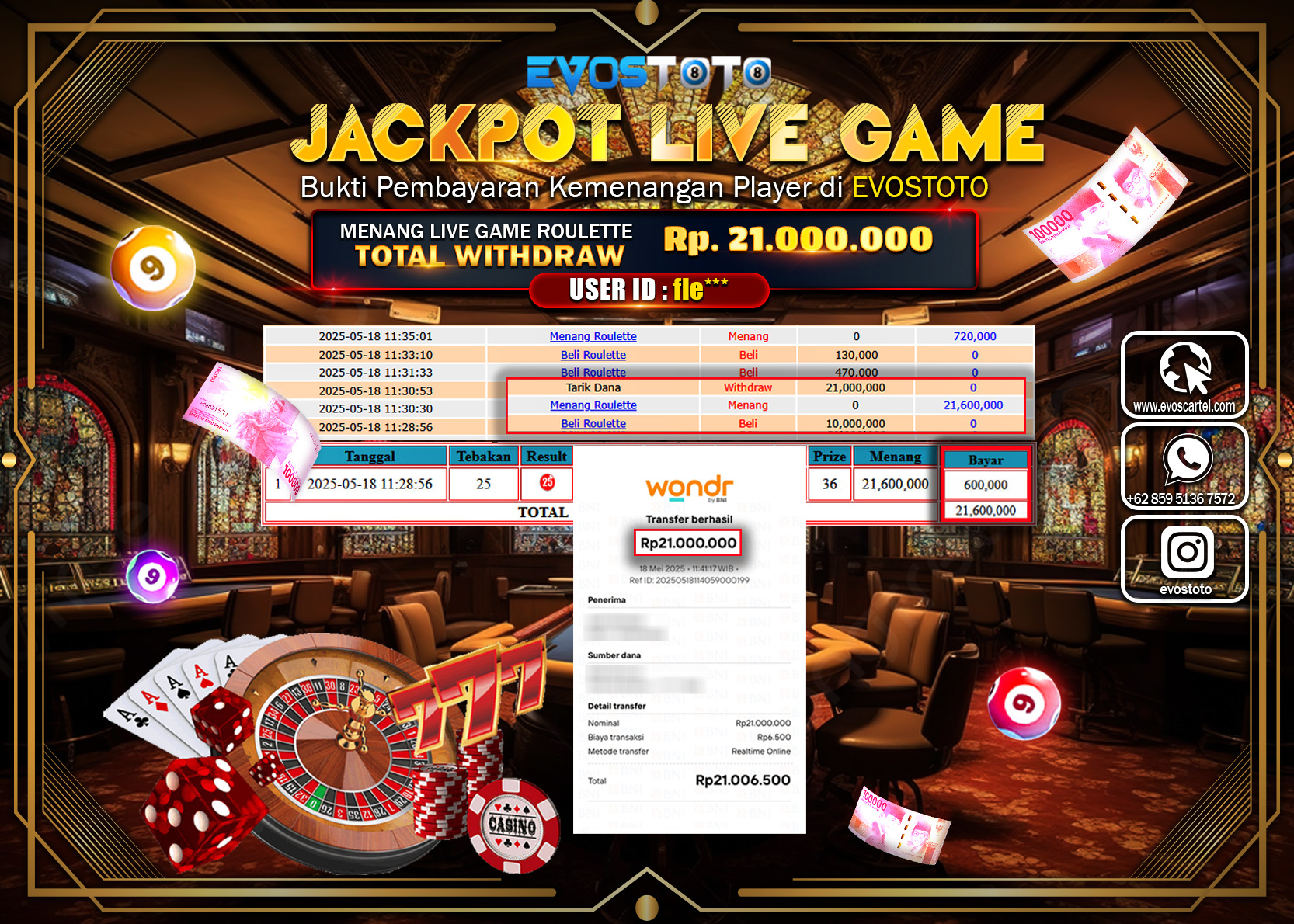 PEMBAYARAN JACKPOT LIVE GAME ROULLATE Rp.21.000.000 DI BAYAR LANGSUNG !