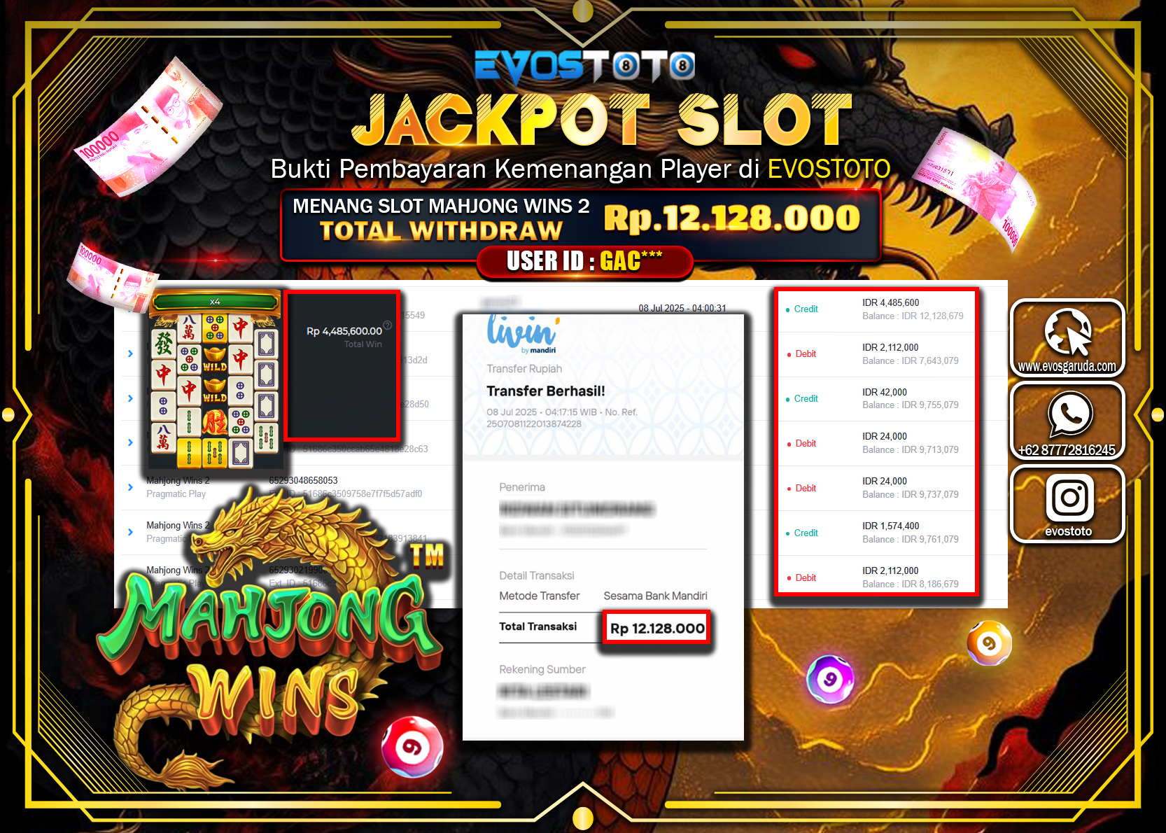 PEMBAYARAN JACKPOT SLOT MAHJONG WINS 2 RP12.128.000 DI BAYAR LANGSUNG !