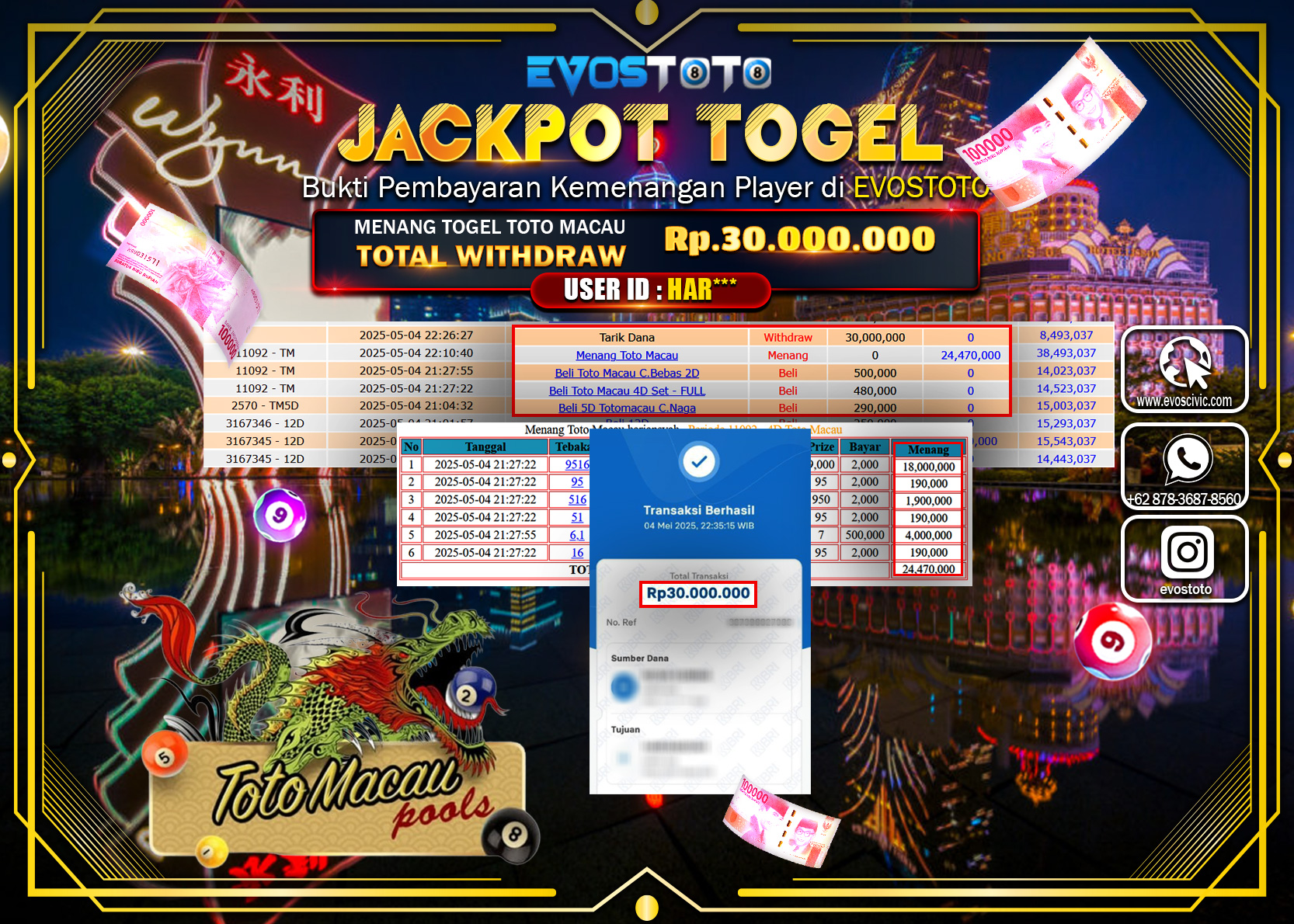 PEMBAYARAN JACKPOT TOGEL TOTO MACAU  30.000.000 DI BAYAR LANGSUNG !