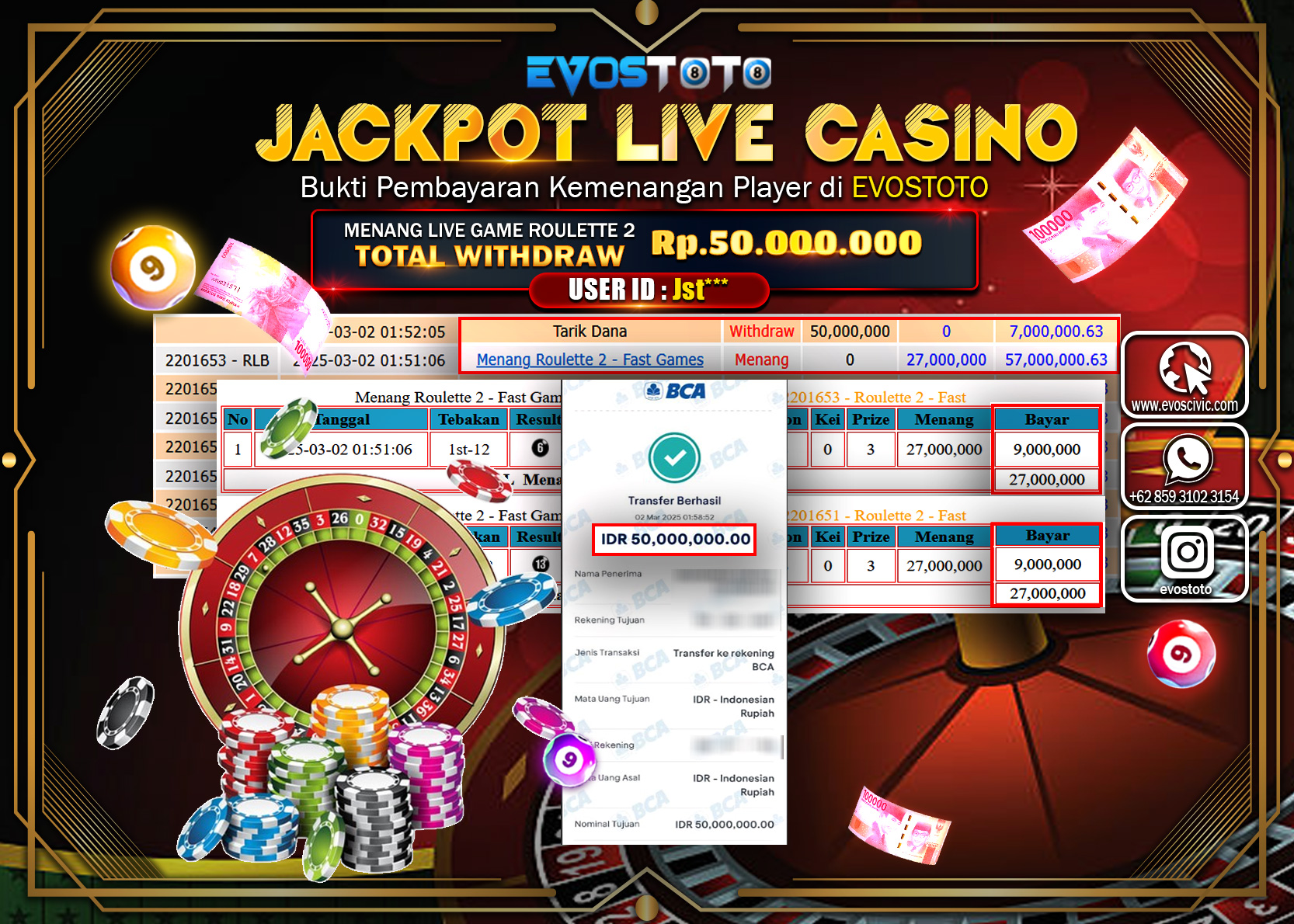 PEMBAYARAN JACKPOT LIVE GAME ROULETTE 2  Rp.50.000.000 DI BAYAR LANGSUNG !