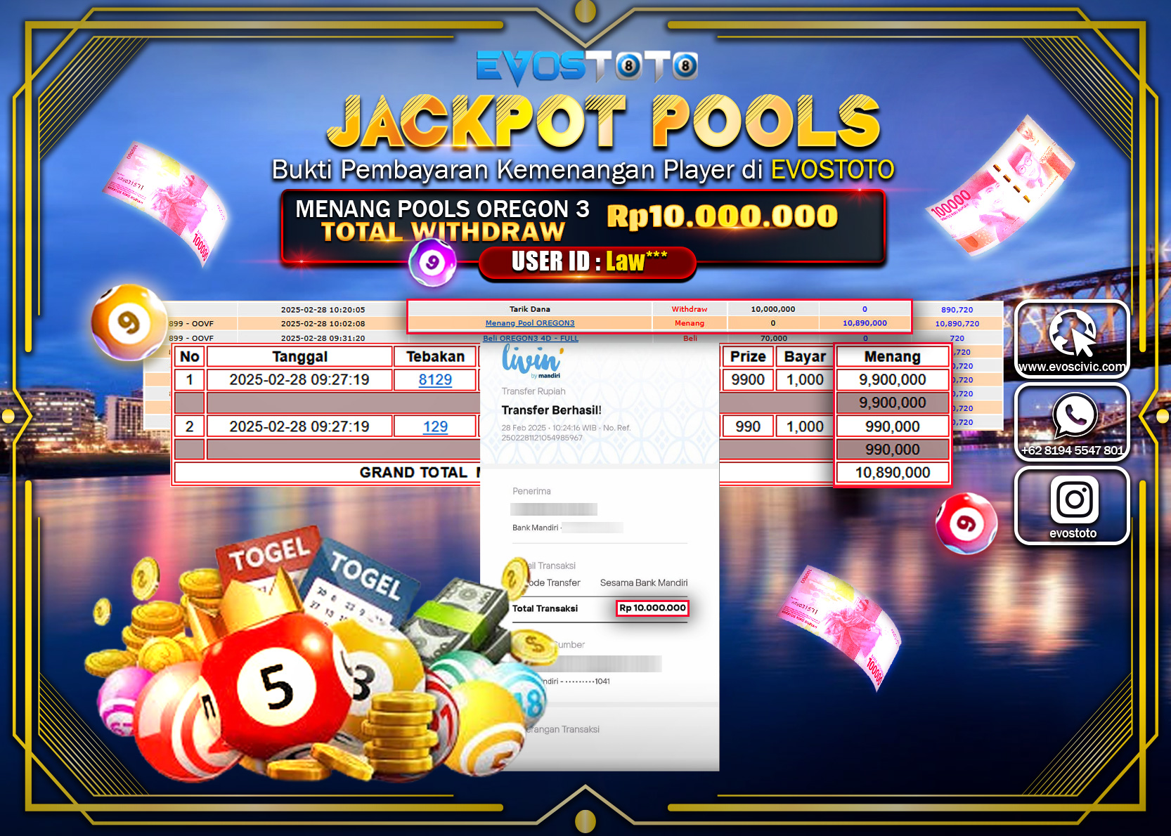 PEMBAYARAN JACKPOT POOLS OREGON 3 Rp.10.000.000 DI BAYAR LANGSUNG !
