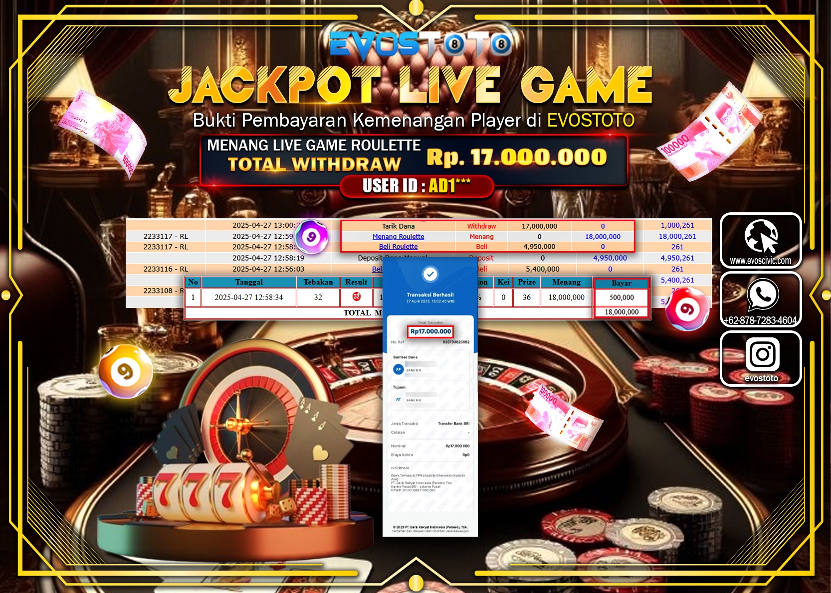 PEMBAYARAN JACKPOT LIVE GAME ROULETTE Rp.17.000.000 DI BAYAR LANGSUNG !