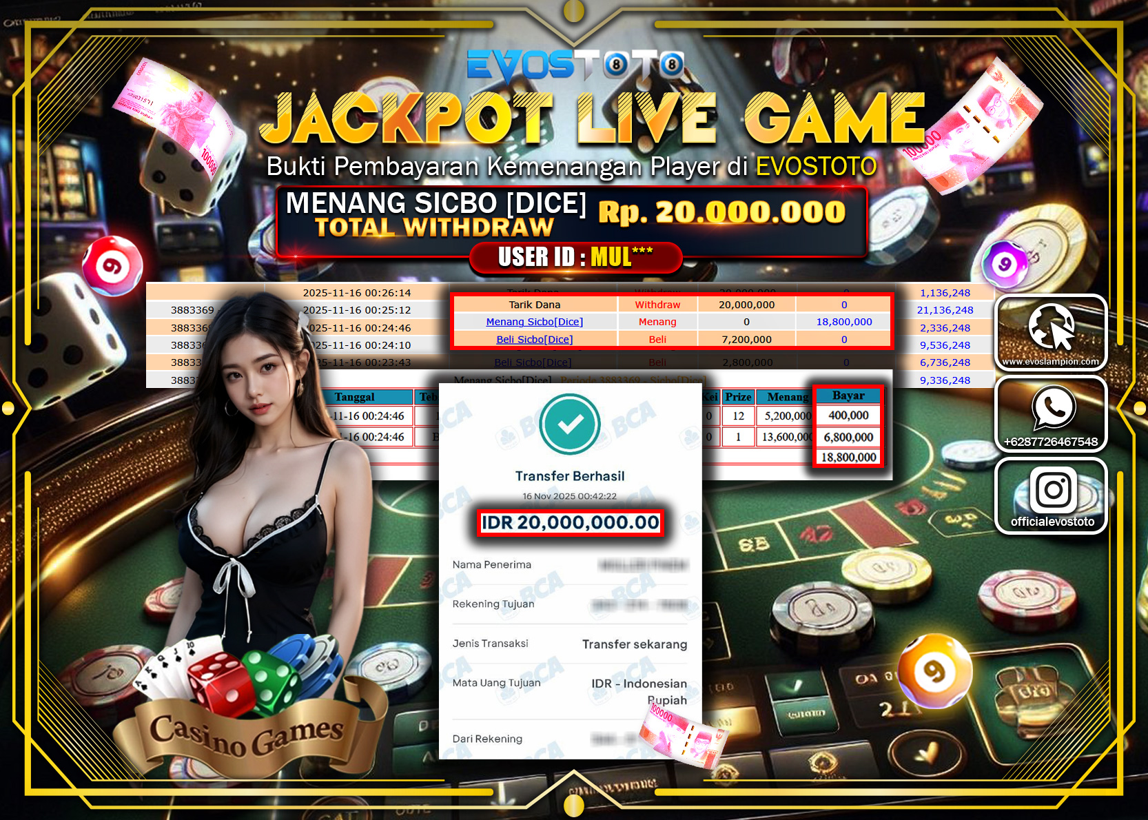 PEMBAYARAN JACKPOT LIVE GAME SICBO DICE Rp20.000.000 DI BAYAR LANGSUNG !
