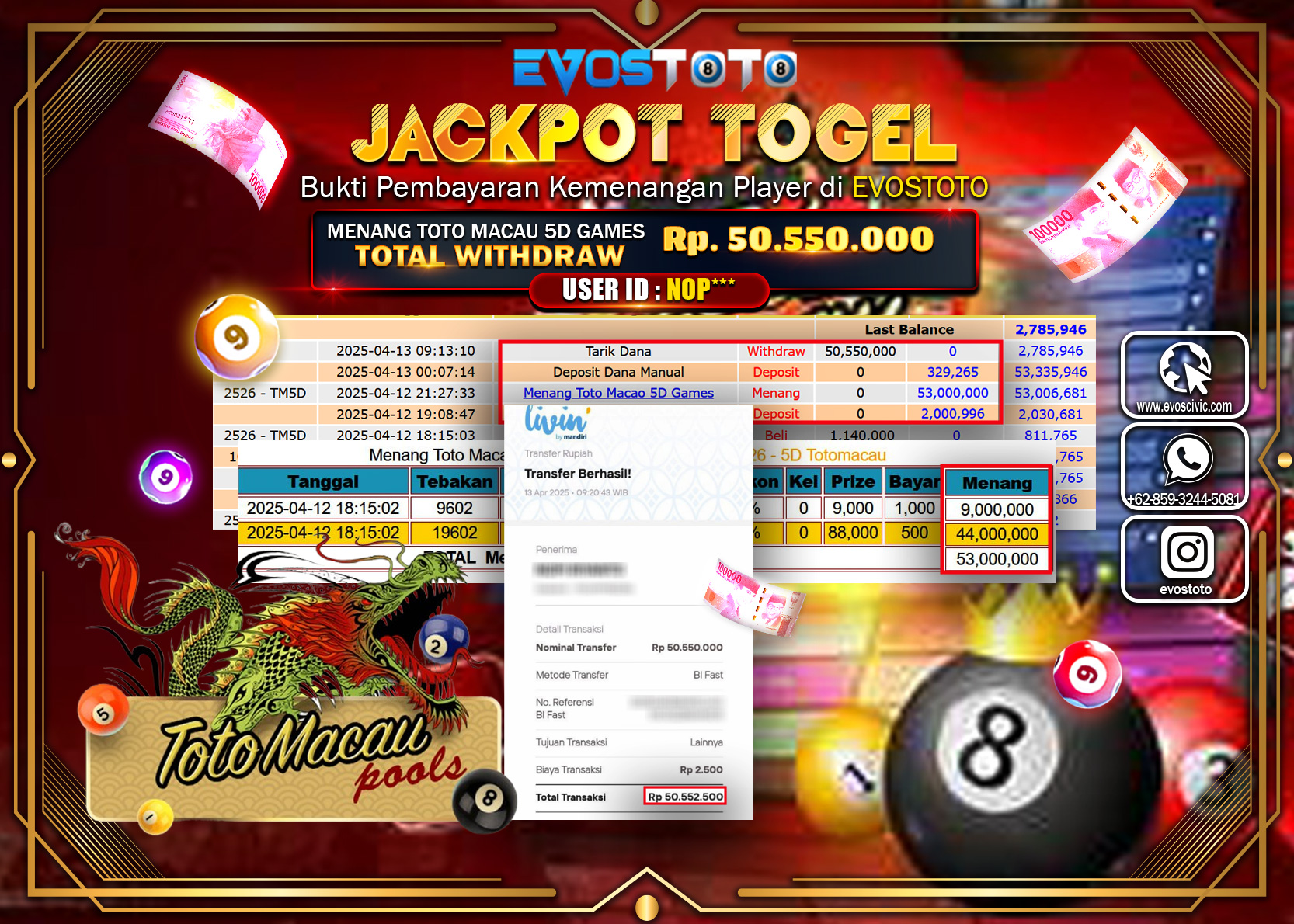 PEMBAYARAN JACKPOT POOLS TOTO MACAU 5D GAMES Rp.50.550.000 DI BAYAR LANGSUNG !