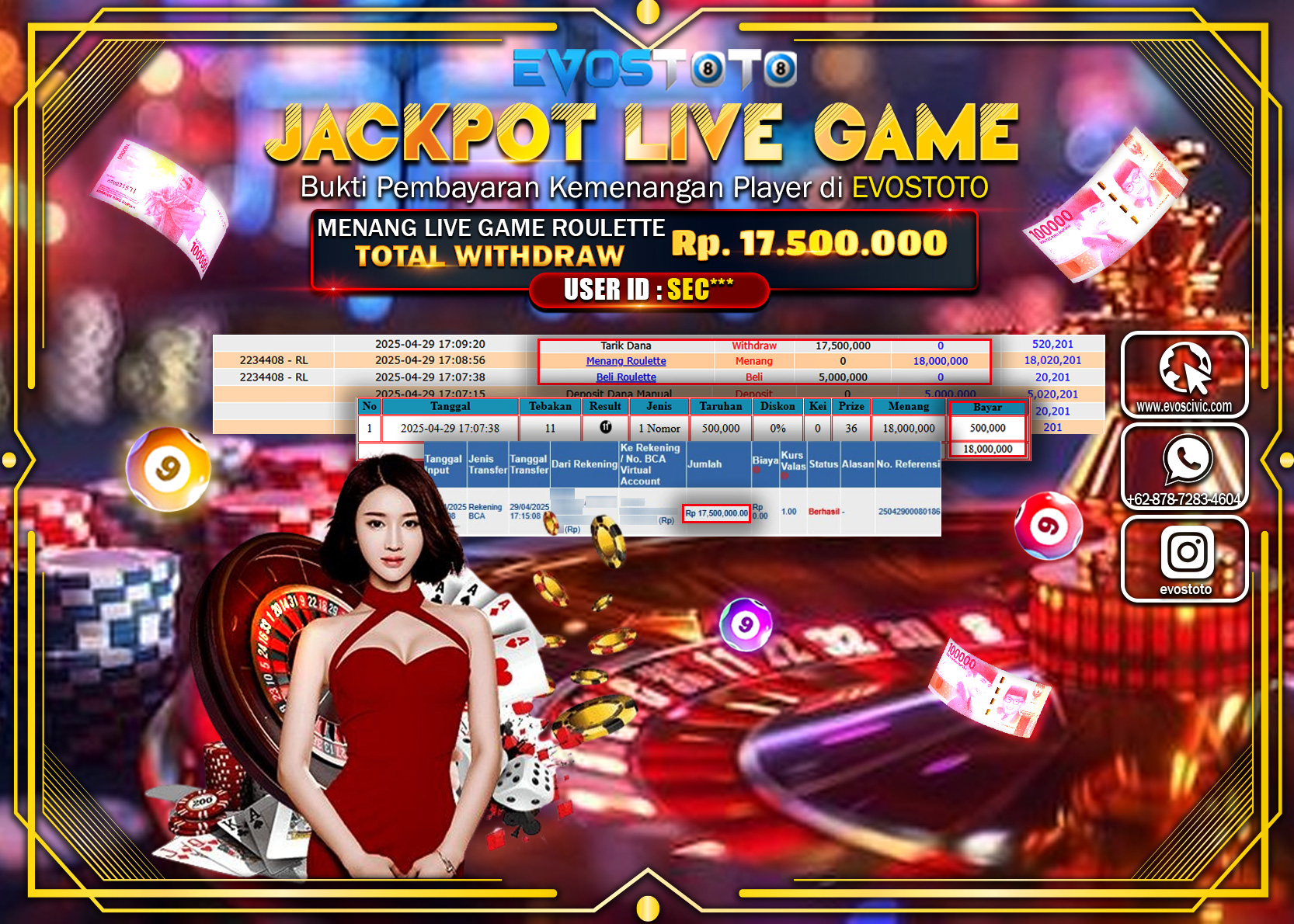 PEMBAYARAN JACKPOT LIVE GAME ROULETTE Rp.17.500.000 DI BAYAR LANGSUNG !