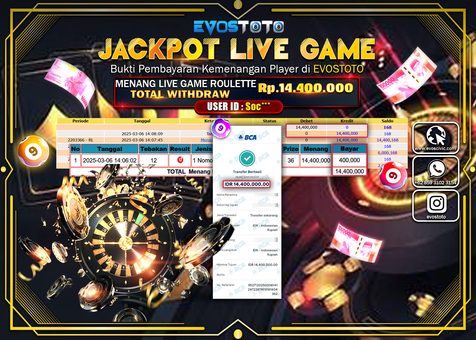PEMBAYARAN JACKPOT LIVE GAME ROULETTE Rp.14.000.000 DI BAYAR LANGSUNG !