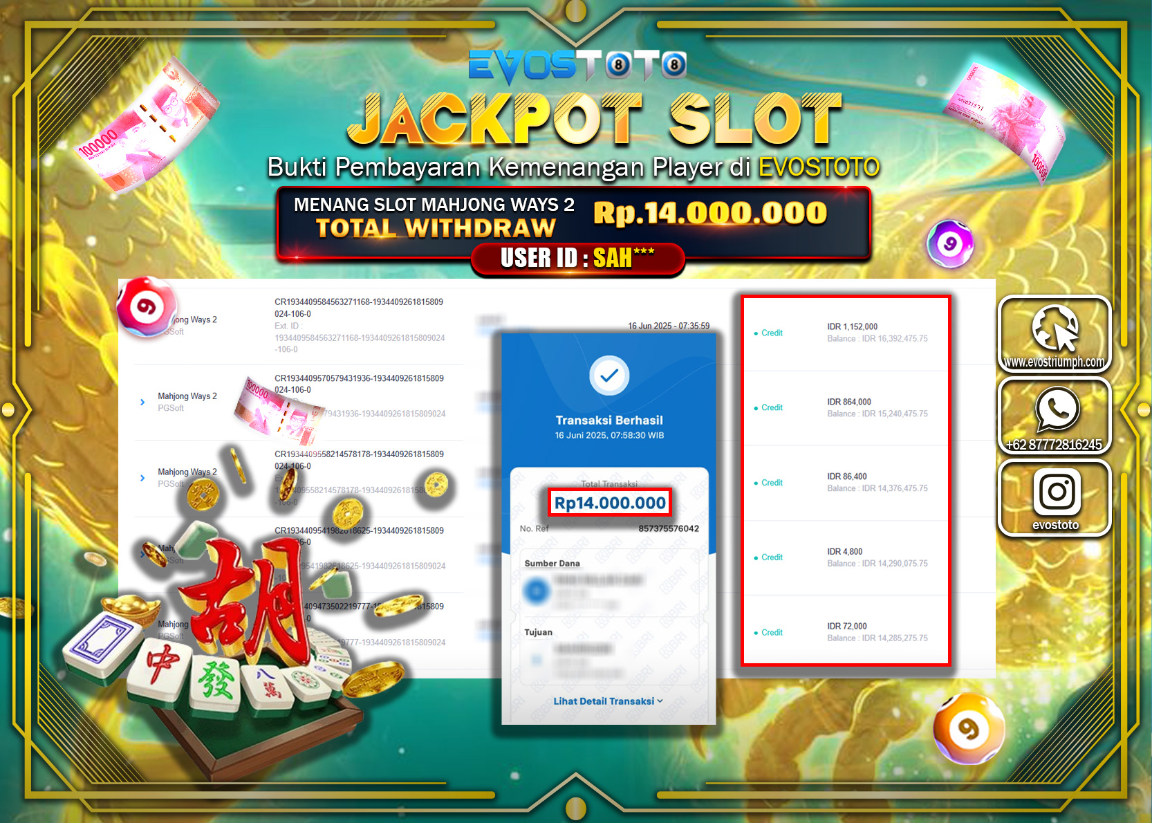 PEMBAYARAN JACKPOT SLOT MAHJONG WAYS  2 14.000.000 DI BAYAR LANGSUNG !