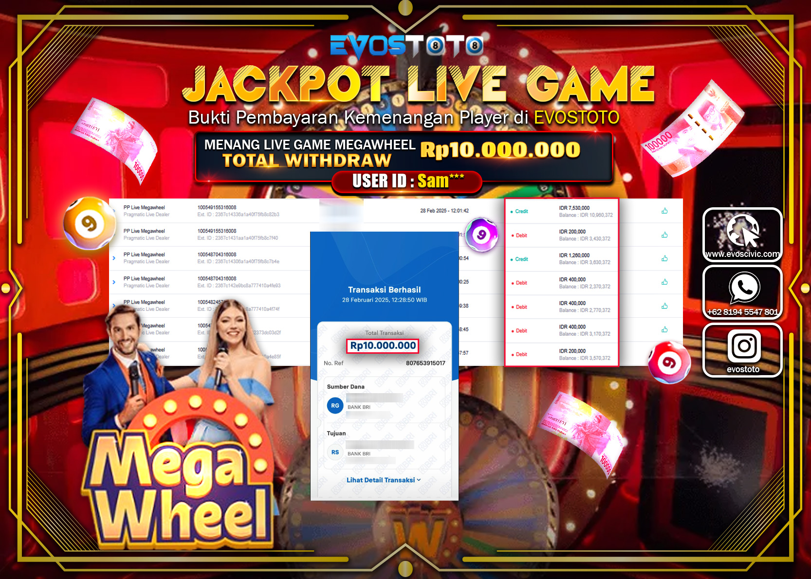 PEMBAYARAN JACKPOT LIVE GAME PP LIVE MEGAWHEEL Rp.10.000.000 DI BAYAR LANGSUNG !
