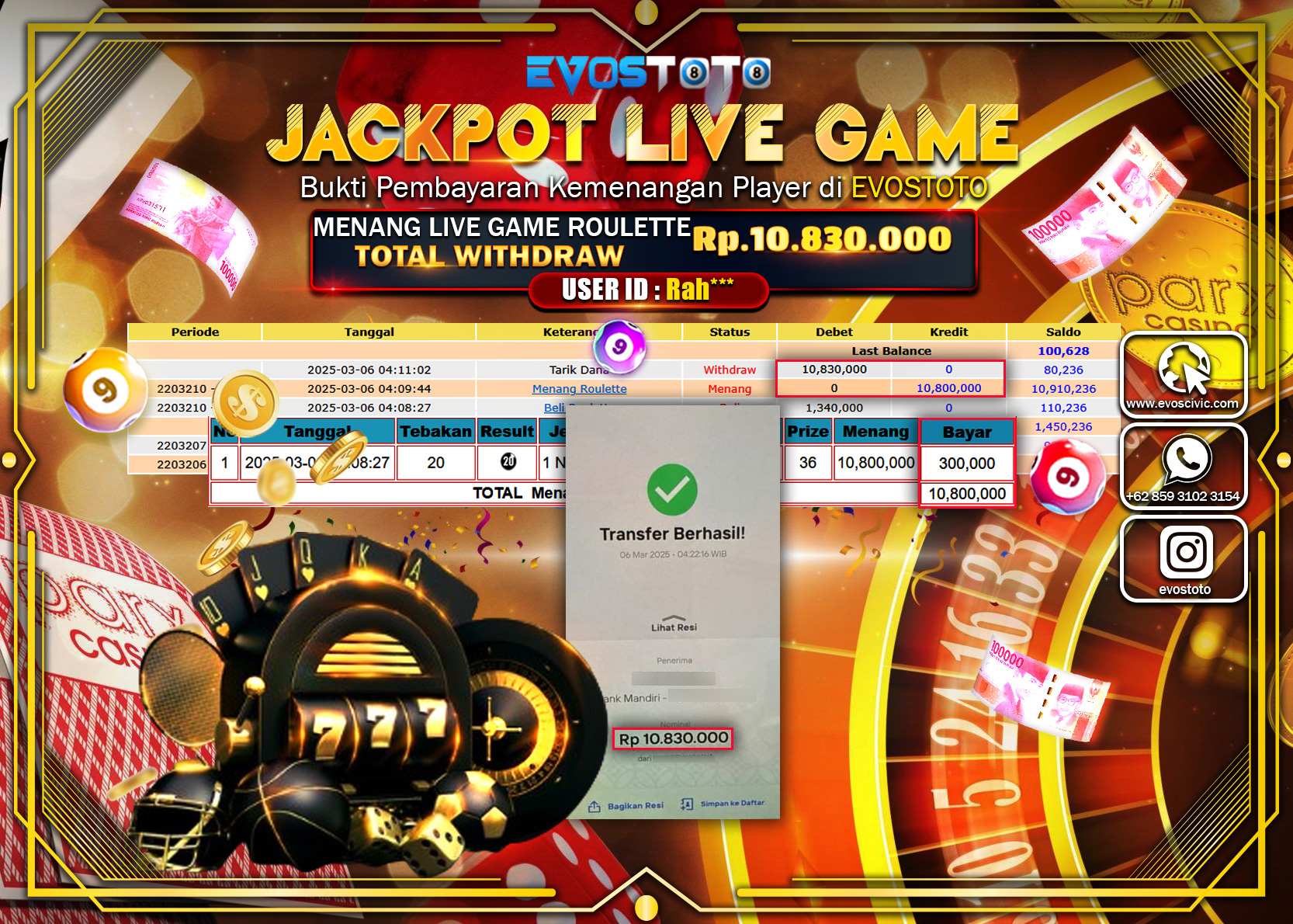 PEMBAYARAN JACKPOT LIVE GAME ROULETTE Rp.10.830.000 DI BAYAR LANGSUNG !