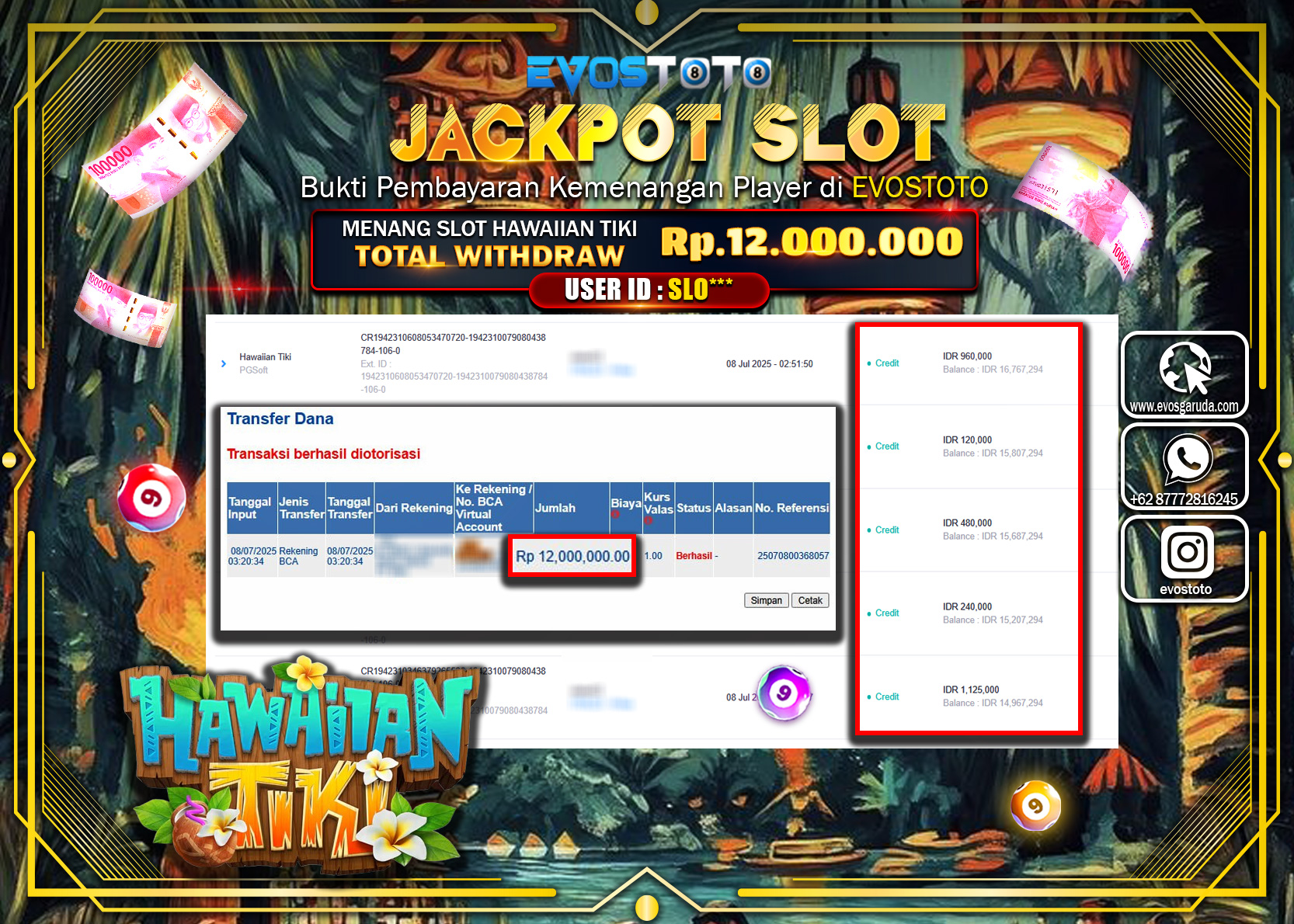 PEMBAYARAN JACKPOT SLOT HAWAIIAN TIKI RP12.000.000 DI BAYAR LANGSUNG !