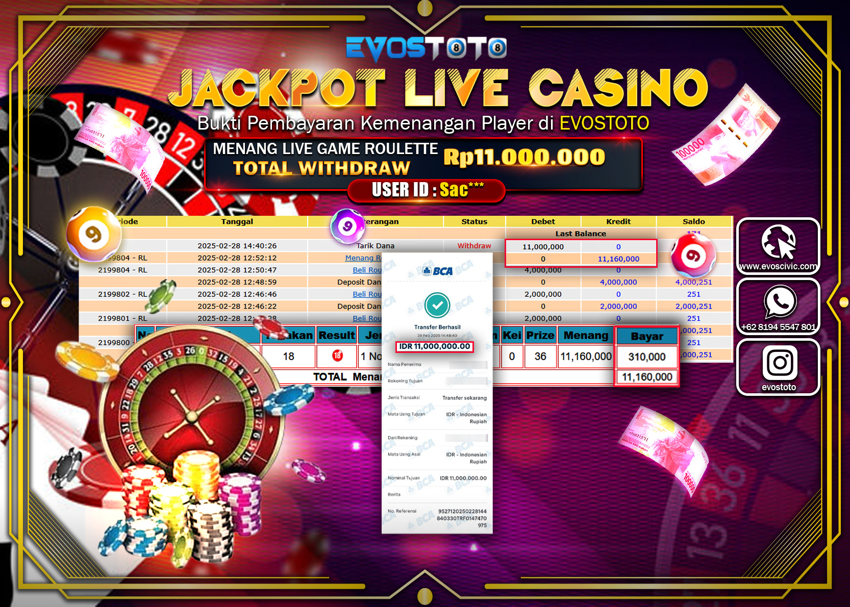 PEMBAYARAN JACKPOT LIVE GAME ROULETTE  Rp.11.000.000 DI BAYAR LANGSUNG !