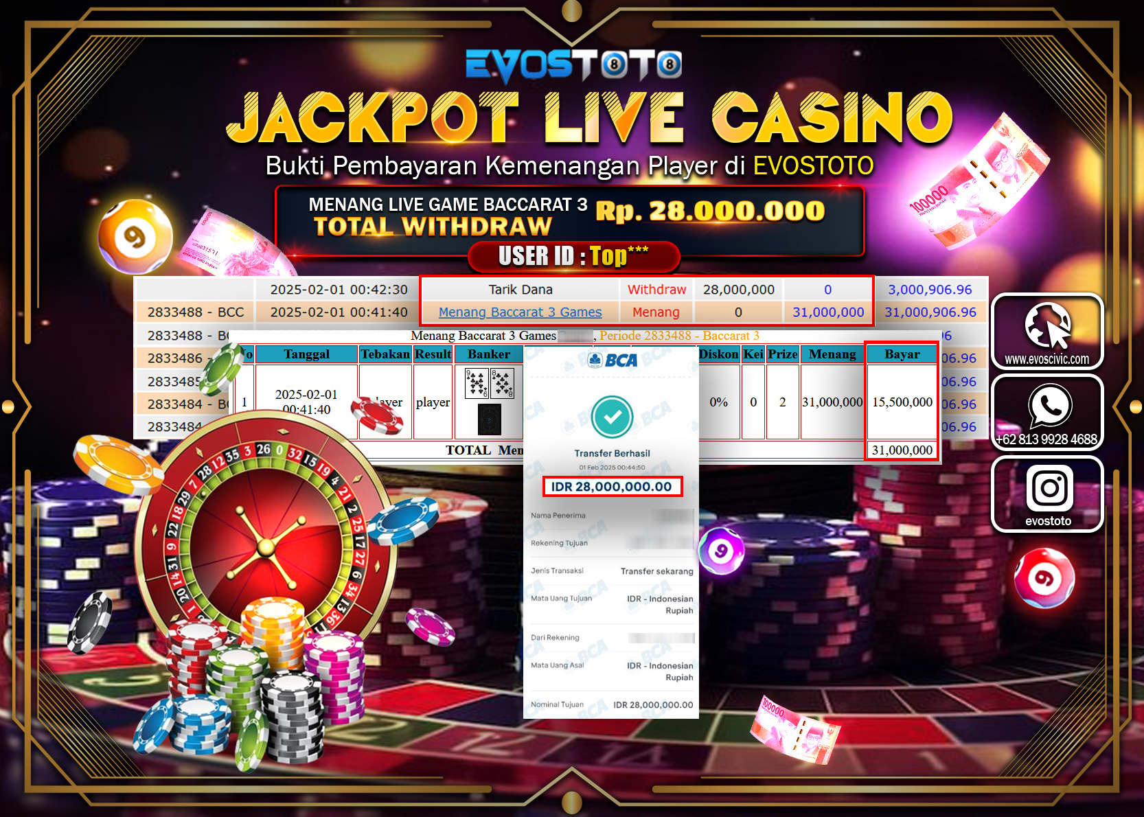 PEMBAYARAN JACKPOT LIVE GAME BACCARAT 3 Rp.28.000.000 DI BAYAR LANGSUNG !