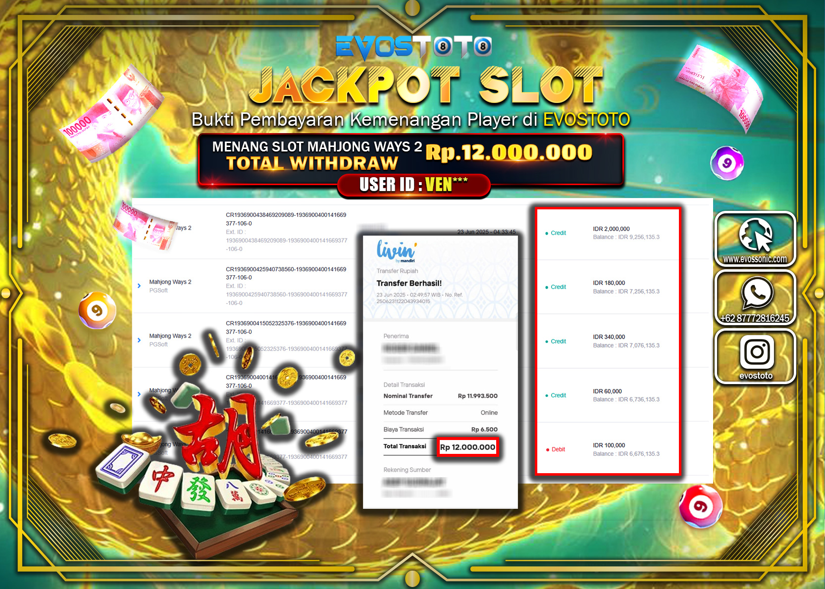 PEMBAYARAN JACKPOT SLOT MAHJONG WAYS 2 RP12.000.000 DI BAYAR LANGSUNG !