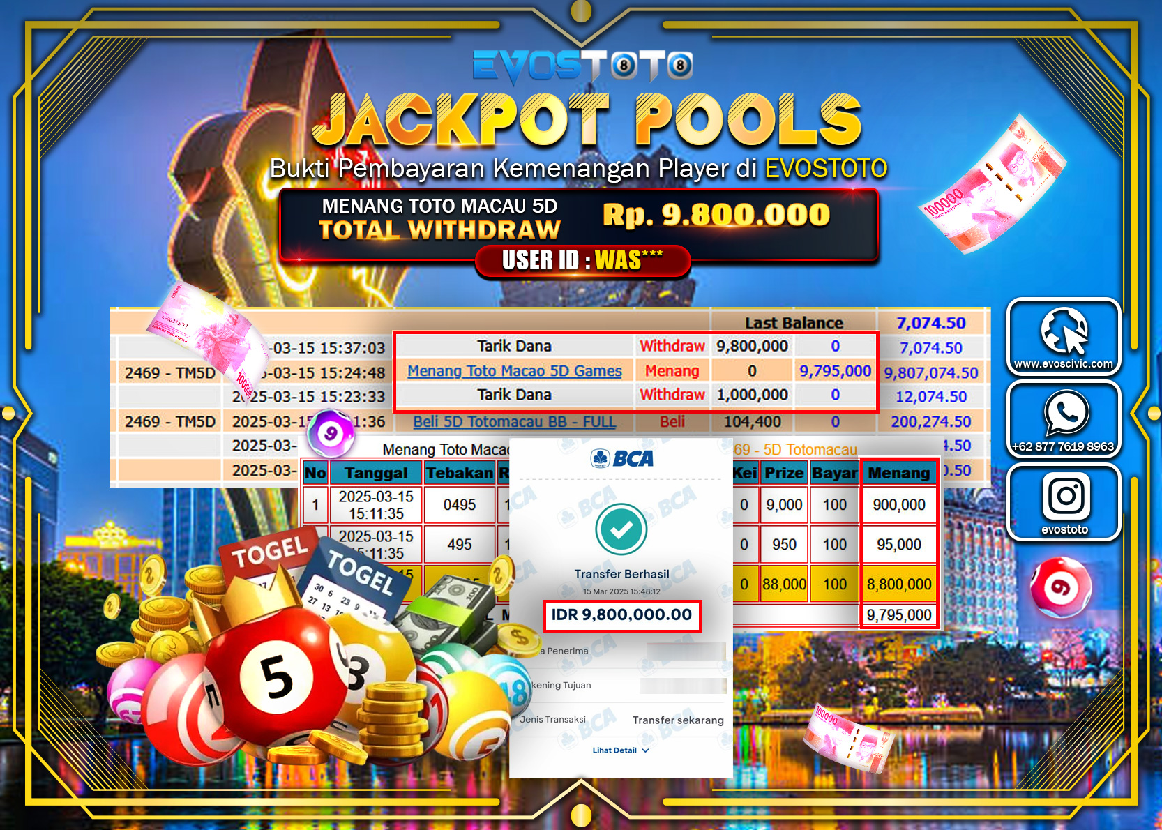 PEMBAYARAN JACKPOT POOLS TOTO MACAU 5D Rp.9.800.000 DI BAYAR LANGSUNG !