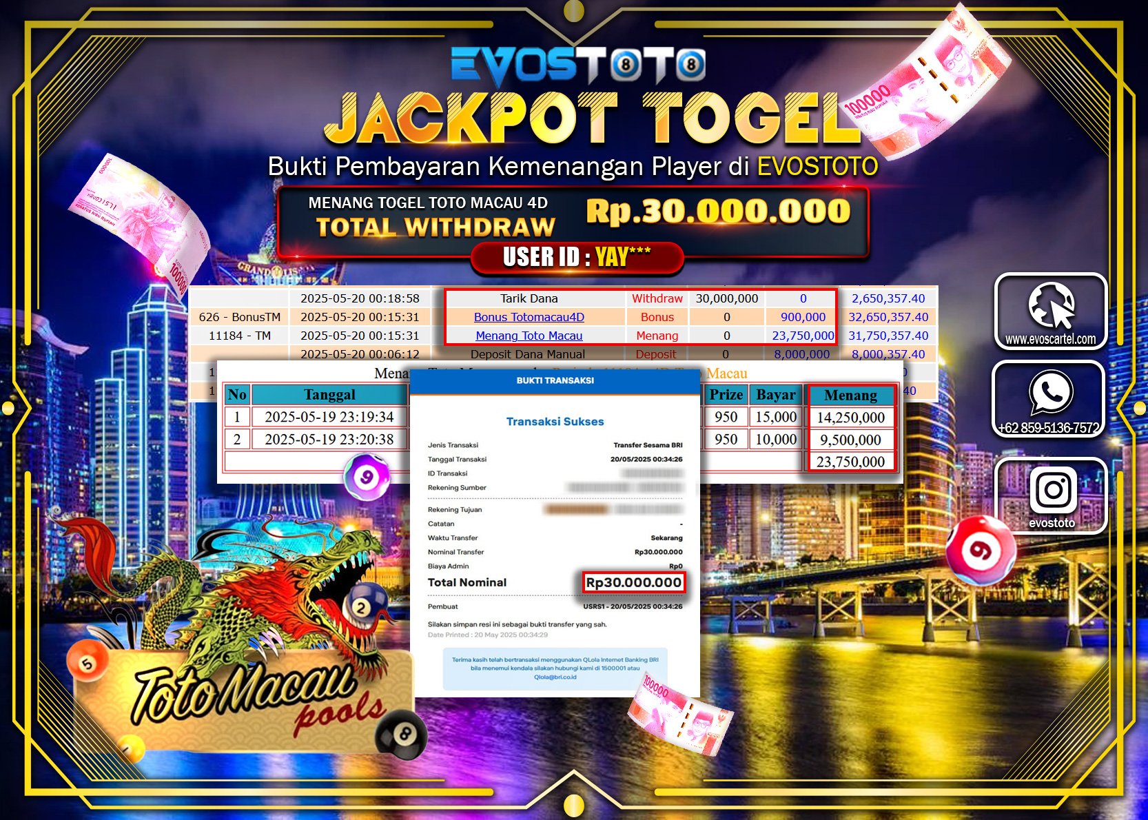 PEMBAYARAN JACKPOT TOGEL TOTO MACAU 4D Rp30.000.000 DI BAYAR LANGSUNG !