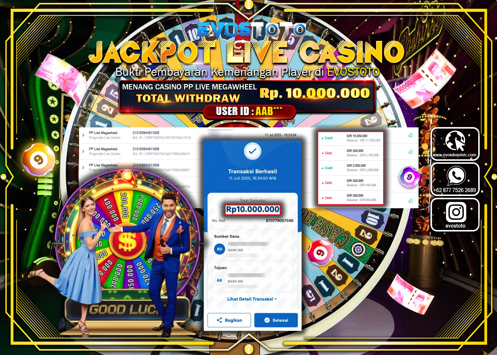 PEMBAYARAN JACKPOT LIVE CASINO PP LIVE MEGAWHEEL Rp.10.000.000 DI BAYAR LANGSUNG !