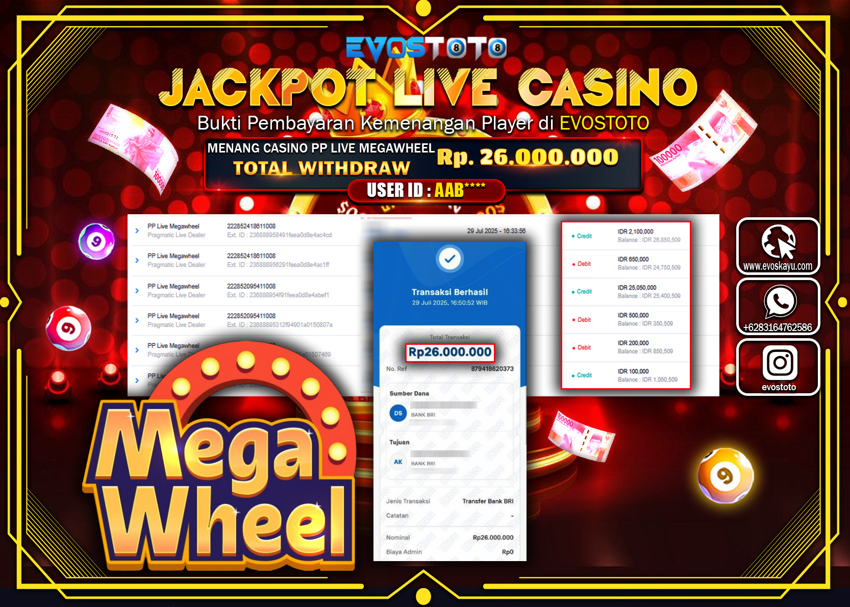 PEMBAYARAN JACKPOT LIVE CASINO MEGAWHEEL Rp.26.000.000 DI BAYAR LANGSUNG !