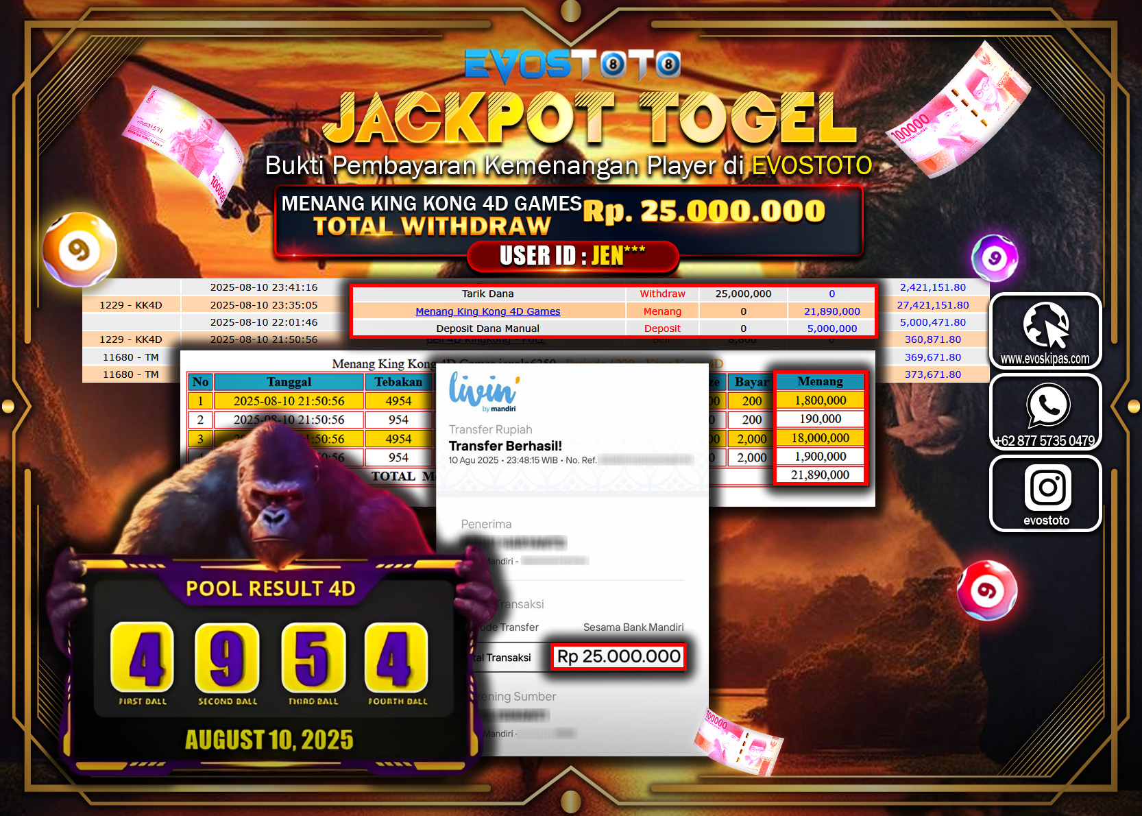 PEMBAYARAN JACKPOT TOGEL KINGKONG 4D GAMES Rp25.000.000 DI BAYAR LANGSUNG !