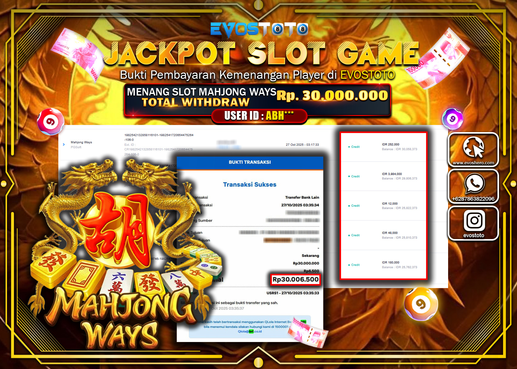 PEMBAYARAN JACKPOT SLOT MAHJONG WAYS Rp30.000.000 DI BAYAR LANGSUNG !