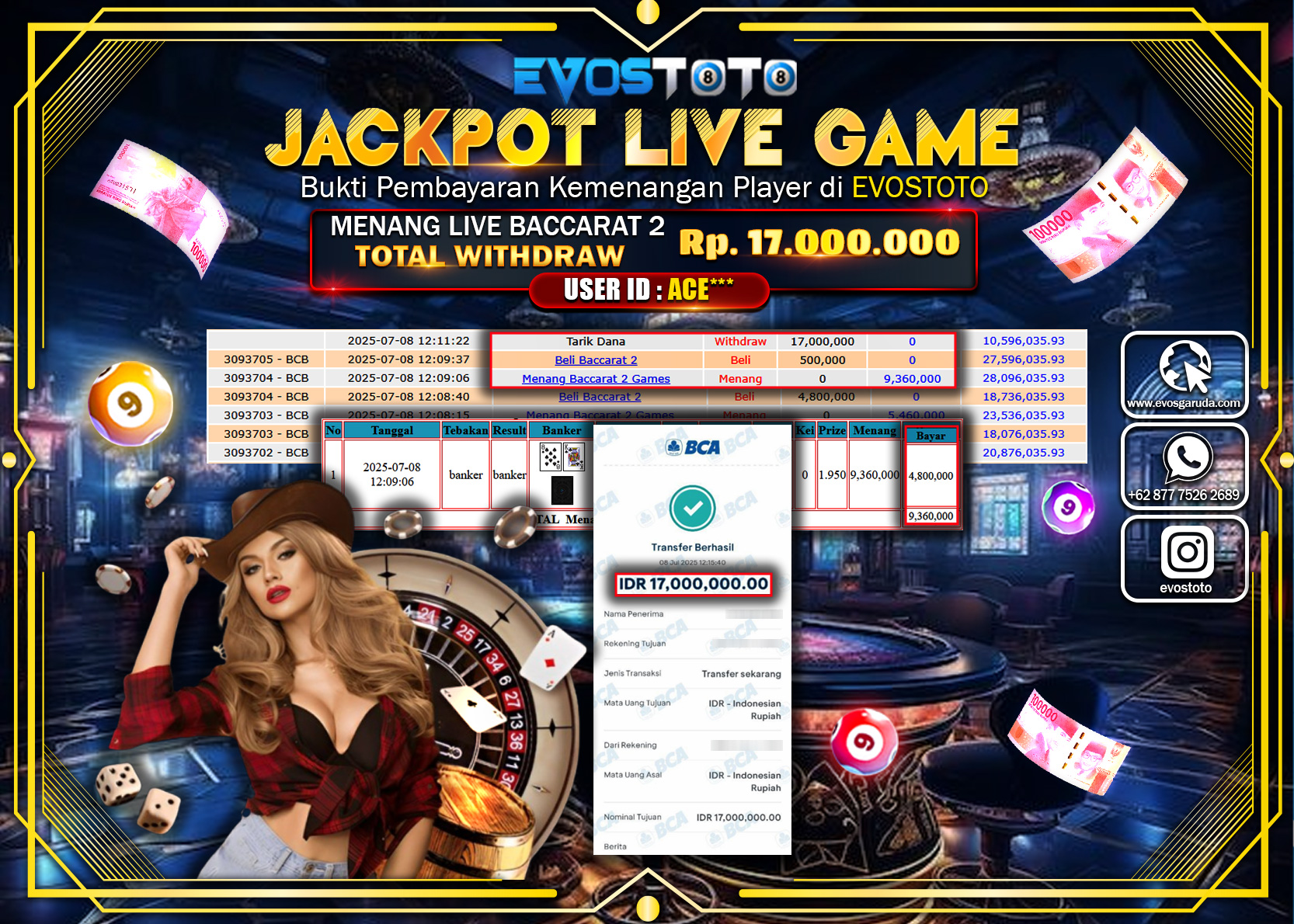 PEMBAYARAN JACKPOT LIVE GAME BACCARAT 2 RP17.000.000 DI BAYAR LANGSUNG !