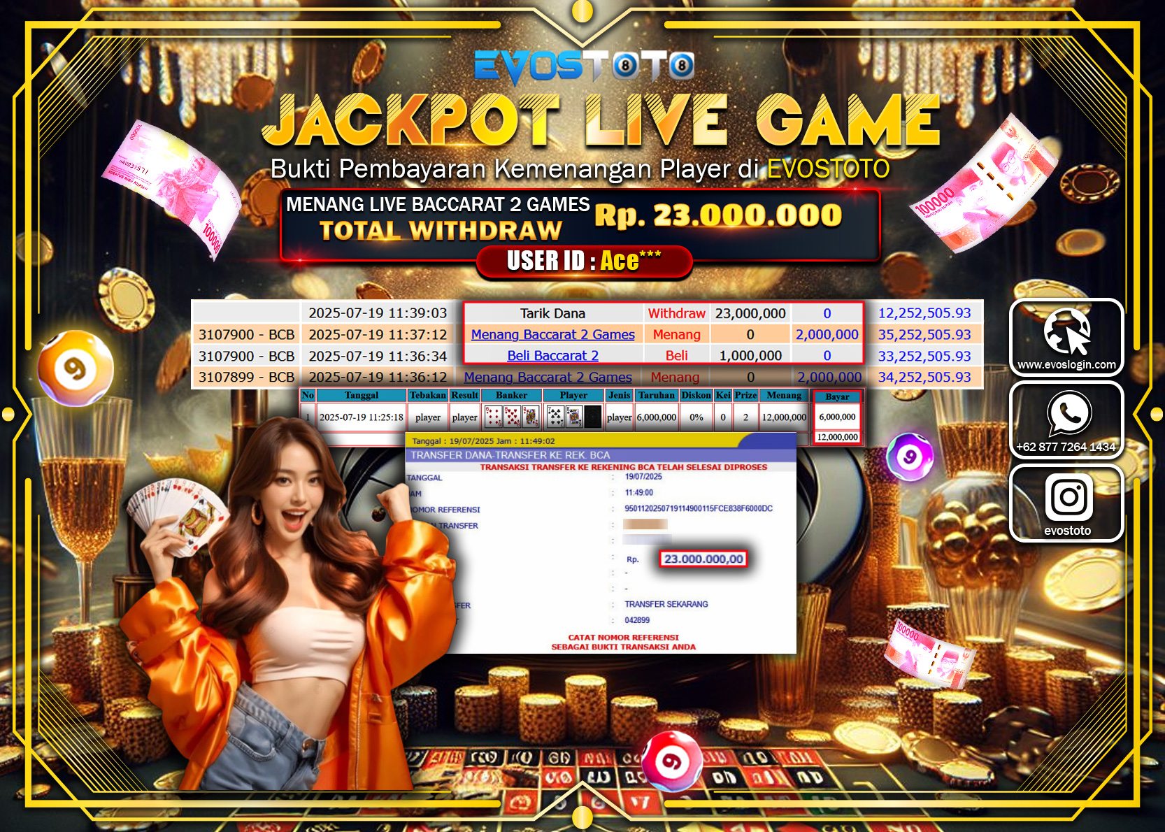 PEMBAYARAN JACKPOT LIVE GAME BACCARAT 2 GAMES RP23.000.000 DI BAYAR LANGSUNG !