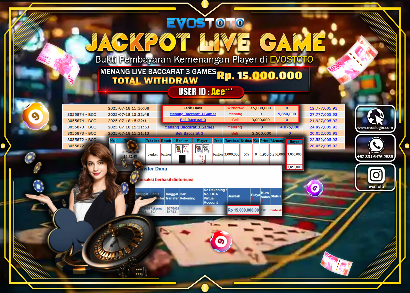 PEMBAYARAN JACKPOT LIVE GAME RP15.000.000 DI BAYAR LANGSUNG !