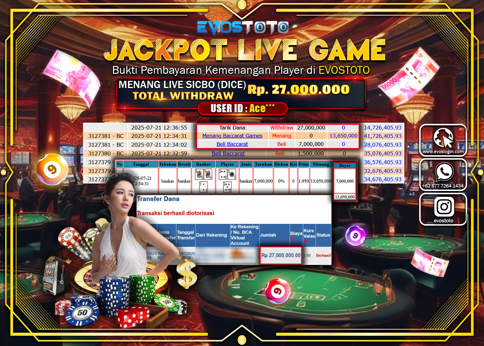 PEMBAYARAN JACKPOT LIVE GAME SICBO (DICE)  RP27.000.000 DI BAYAR LANGSUNG !