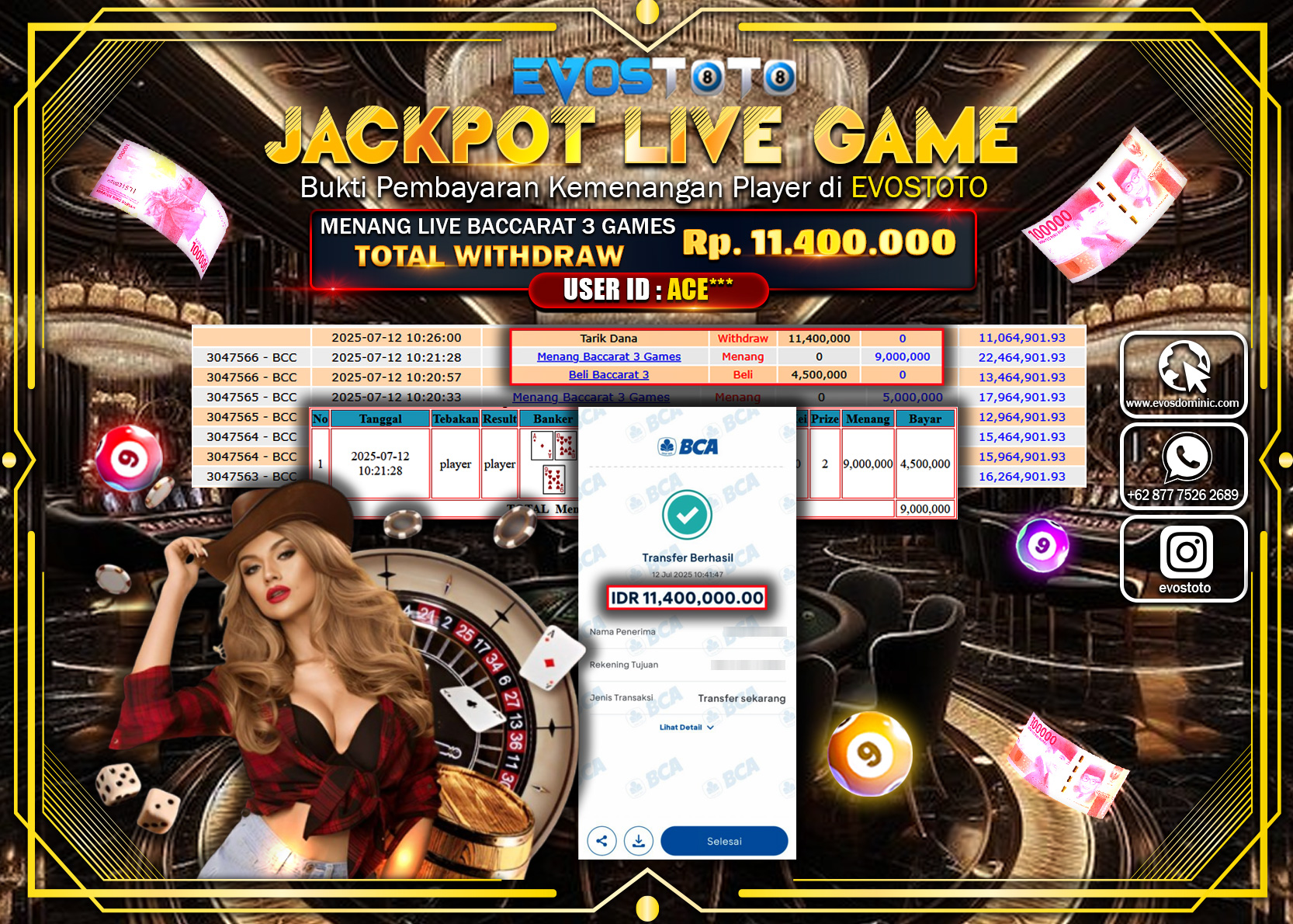 PEMBAYARAN JACKPOT LIVE GAME BACCARAT 3 GAMES RP11.400.000 DI BAYAR LANGSUNG !
