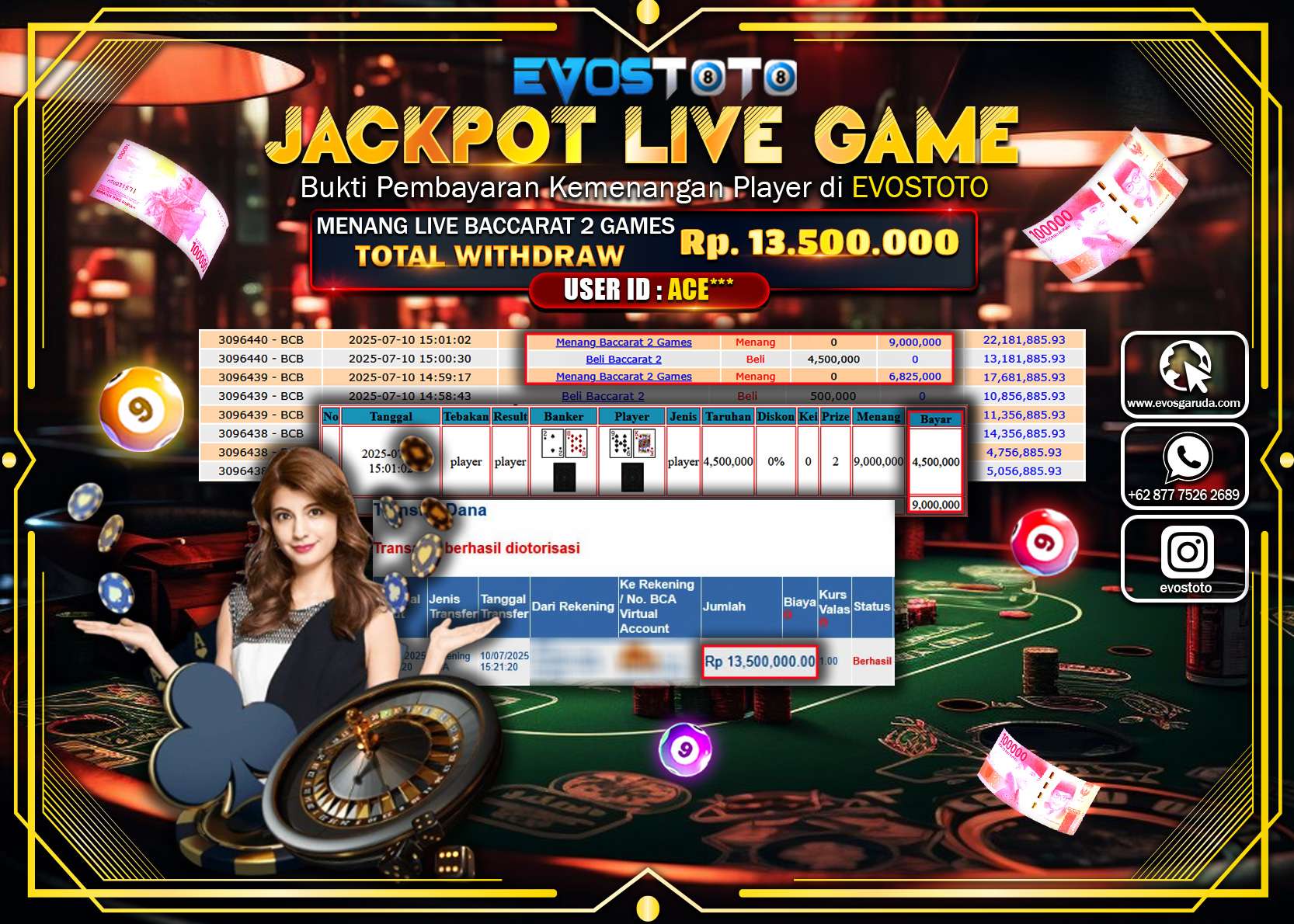 PEMBAYARAN JACKPOT LIVE GAME BACCARAT 2 GAMES RP13.500.000 DI BAYAR LANGSUNG !