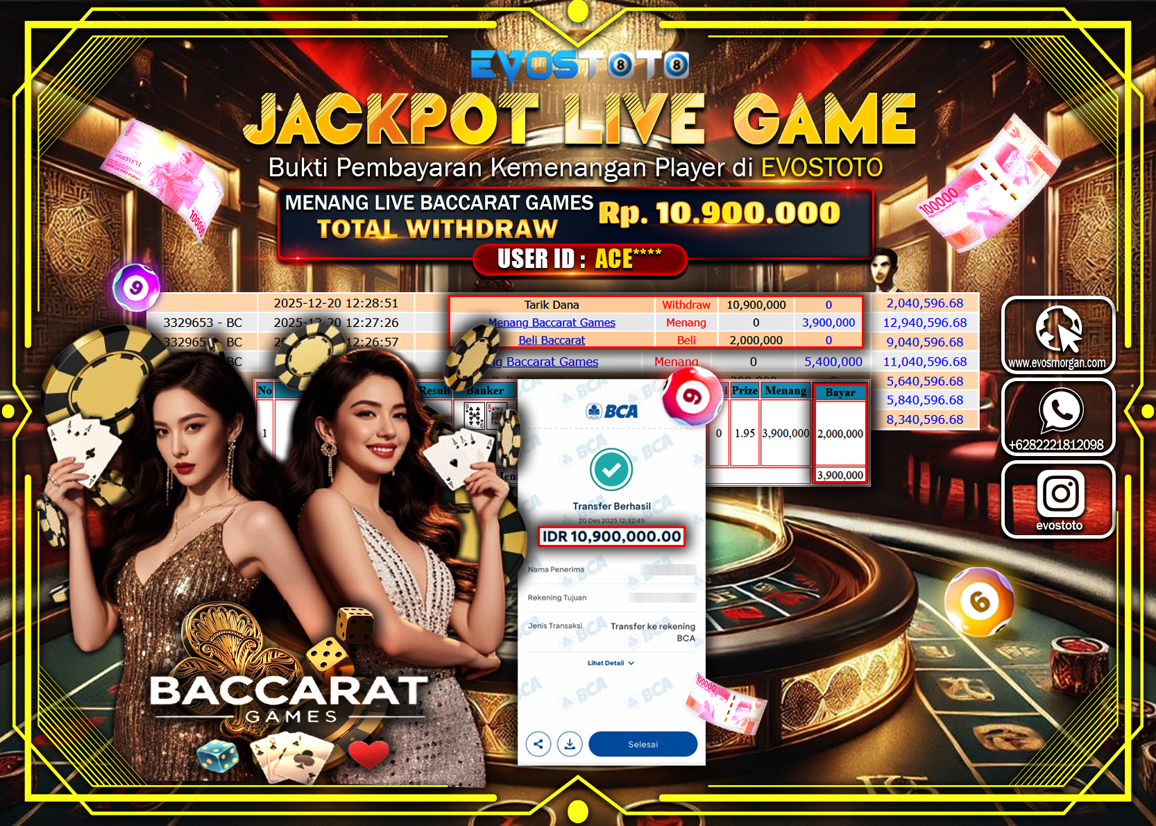 PEMBAYARAN JACKPOT LIVE GAME BACCARAT GAMES Rp.10.900.000 DI BAYAR LANGSUNG !