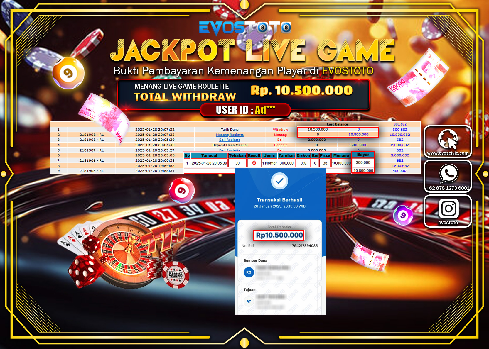 PEMBAYARAN JACKPOT LIVE GAME ROULETTE Rp.10.500.000 DI BAYAR LANGSUNG !