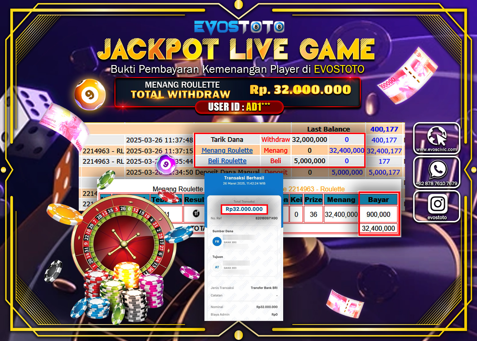 PEMBAYARAN JACKPOT LIVE GAME ROULLETE Rp.32.000.000 DI BAYAR LANGSUNG !