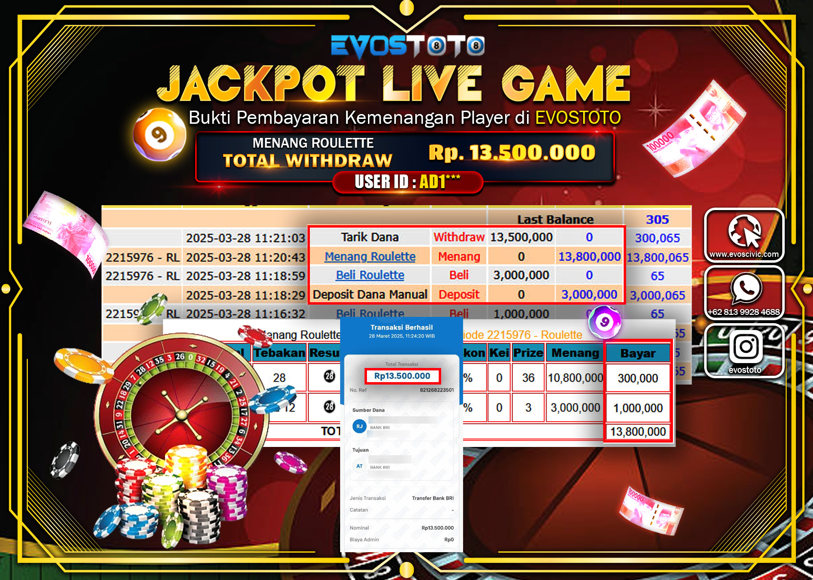 PEMBAYARAN JACKPOT LIVE GAME ROULLETE Rp.13.500.000 DI BAYAR LANGSUNG !