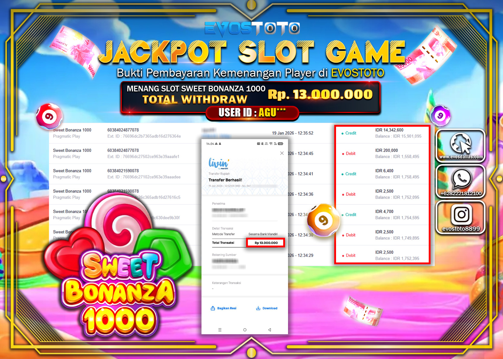PEMBAYARAN JACKPOT SLOT SWEET BONANZA 1000 Rp.13.000.000 DI BAYAR LANGSUNG !