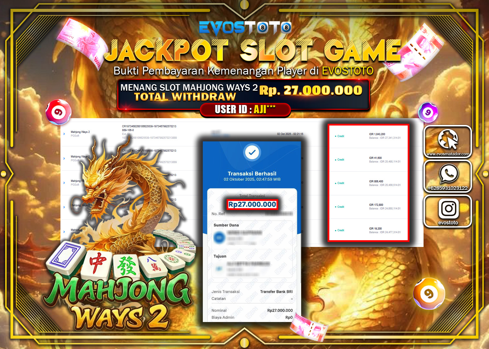 PEMBAYARAN JACKPOT SLOT MAHJONG WAYS 2 Rp27.000.000 DI BAYAR LANGSUNG !