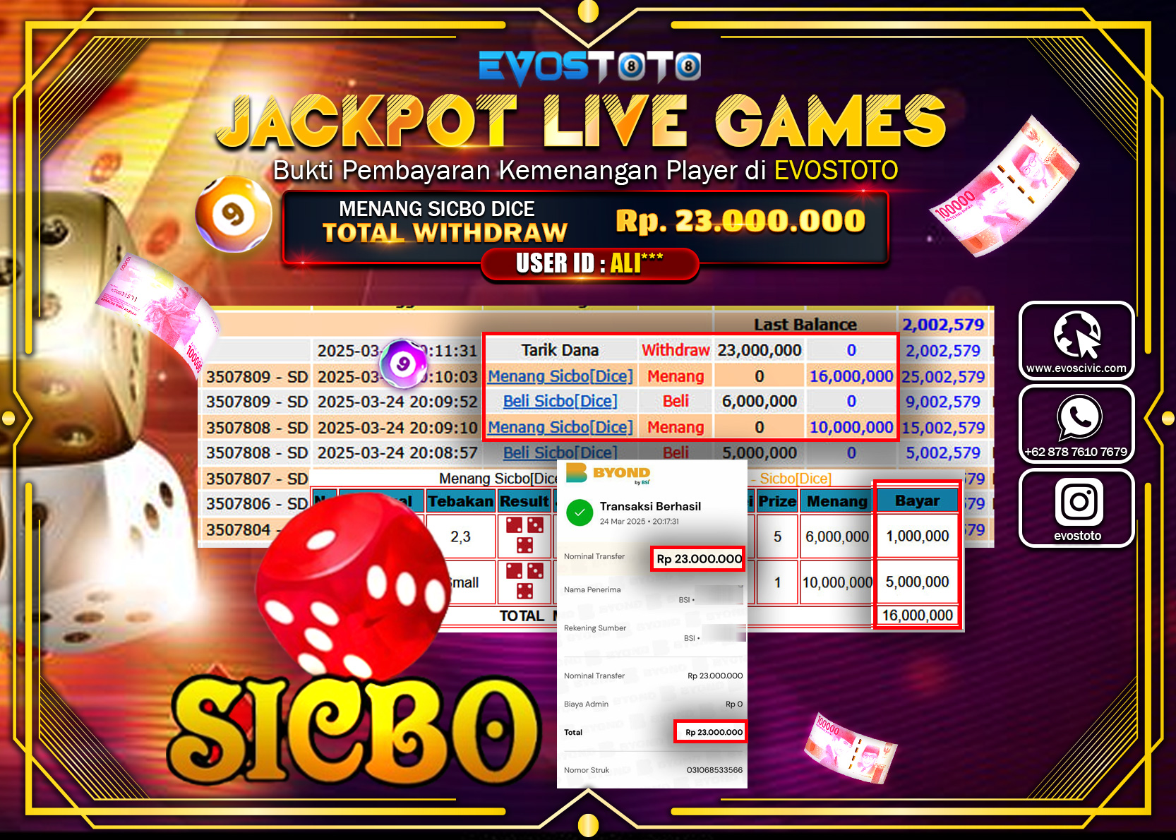 PEMBAYARAN JACKPOT LIVE GAME SICBO DICE Rp.12.000.000 DI BAYAR LANGSUNG !