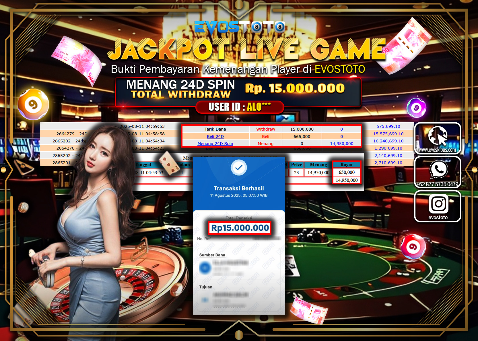 PEMBAYARAN JACKPOT LIVE CASINO Rp15.000.000 DI BAYAR LANGSUNG !